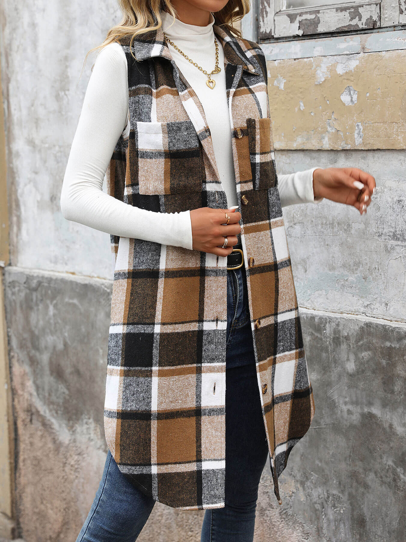 Mendocino Plaid Vest Coat - Khaki - Image 3