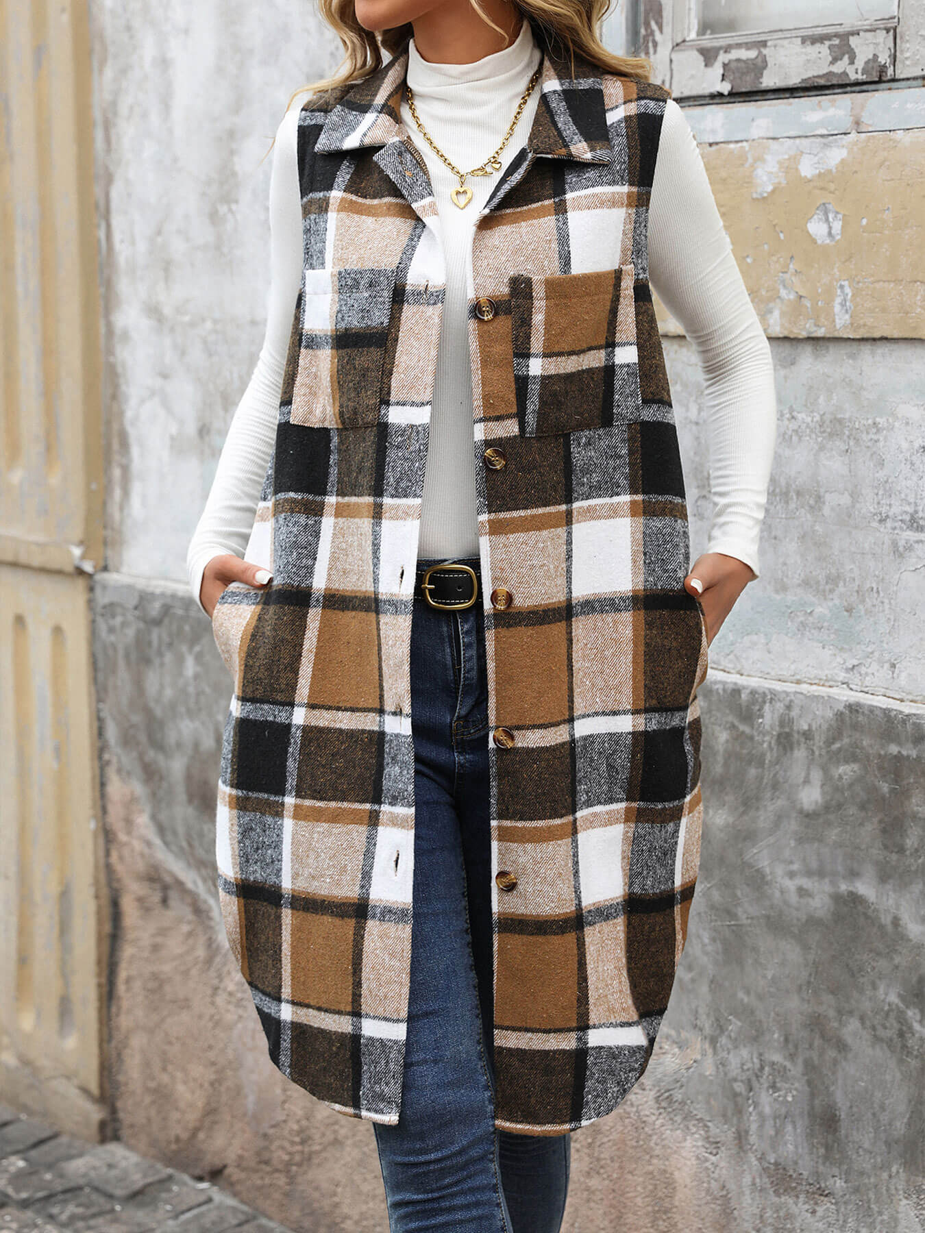Mendocino Plaid Vest Coat - Khaki - Image 4