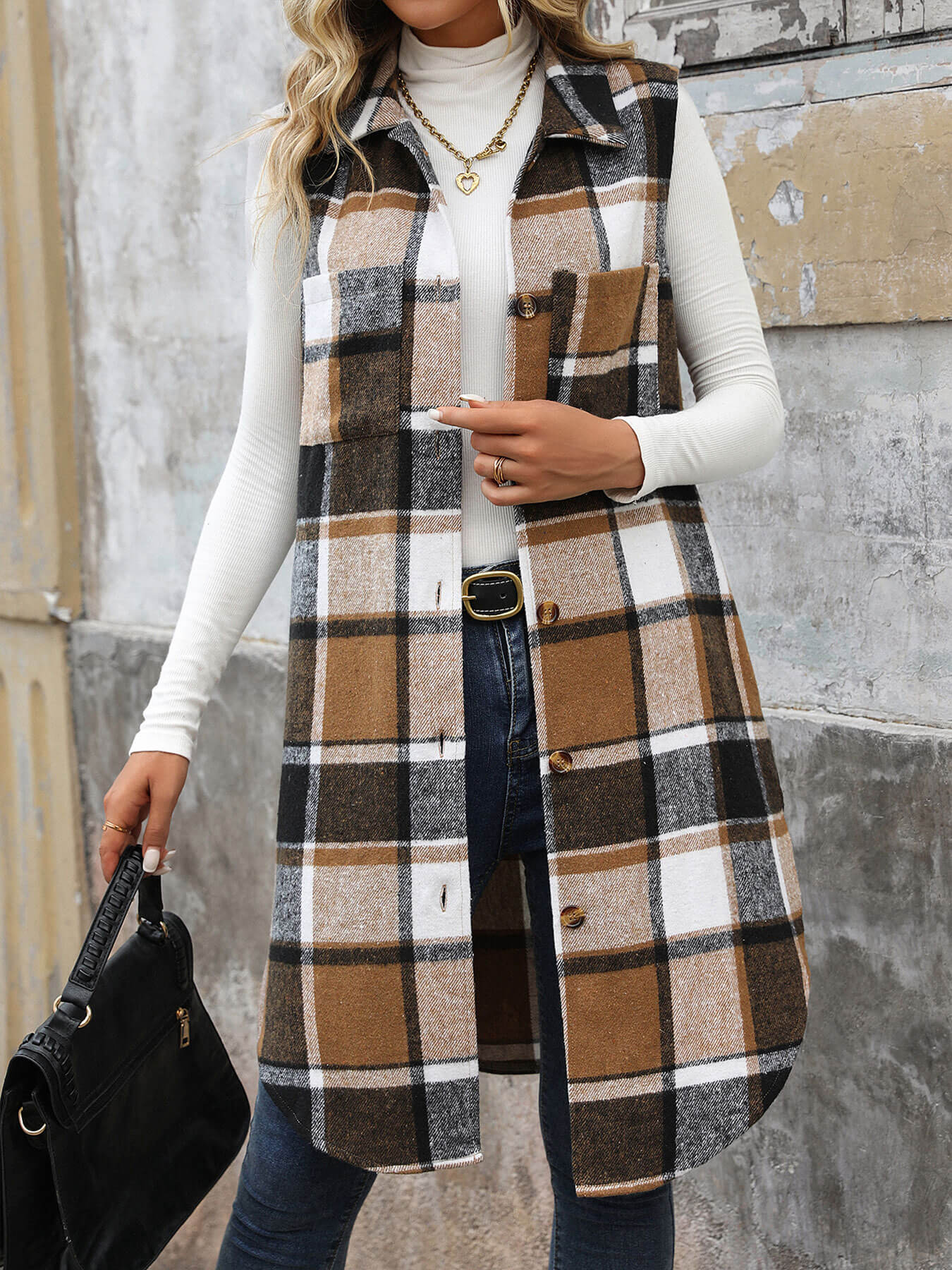 Mendocino Plaid Vest Coat - Khaki - Image 5