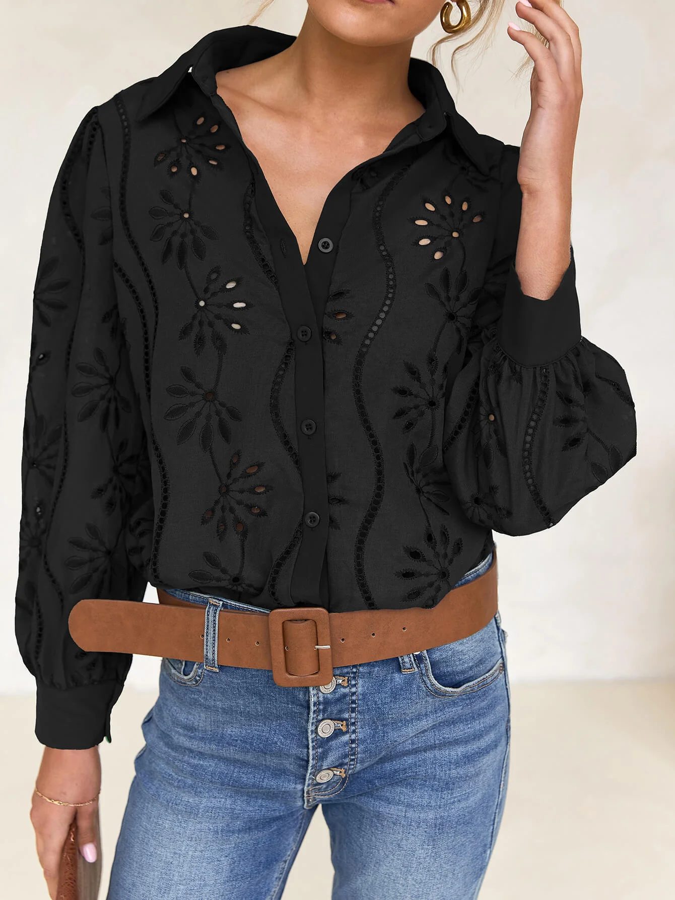 Miley Perforated Long Sleeve Blouse - black - Image 2