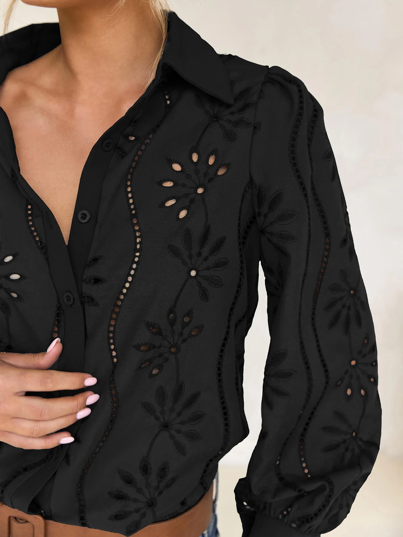 Miley Perforated Long Sleeve Blouse - black - Image 3