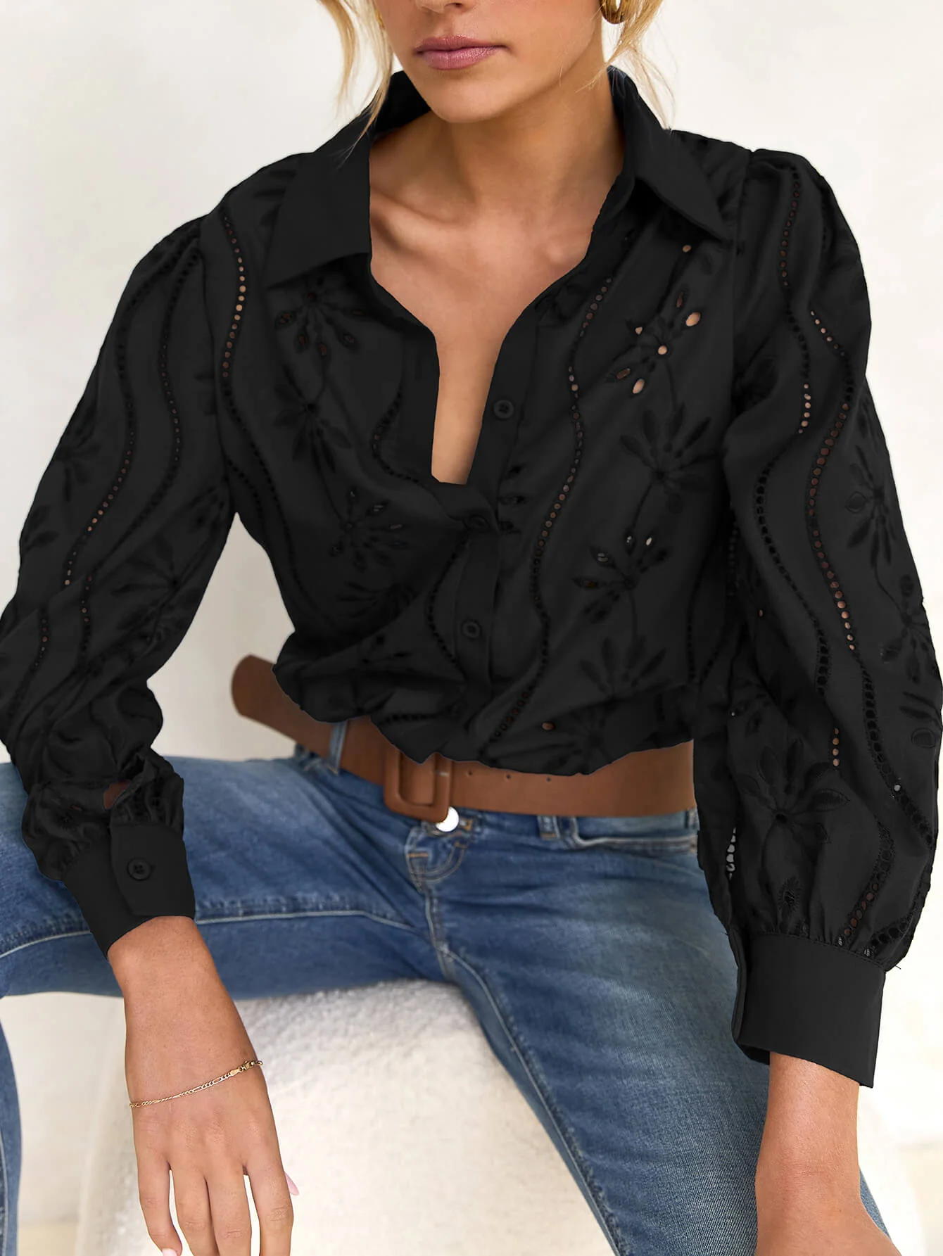 Miley Perforated Long Sleeve Blouse - black - Image 4