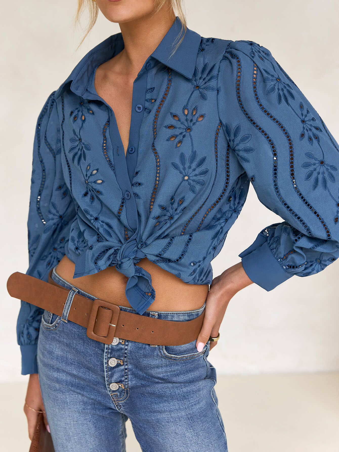 Miley Perforated Long Sleeve Blouse - blue - Image 3