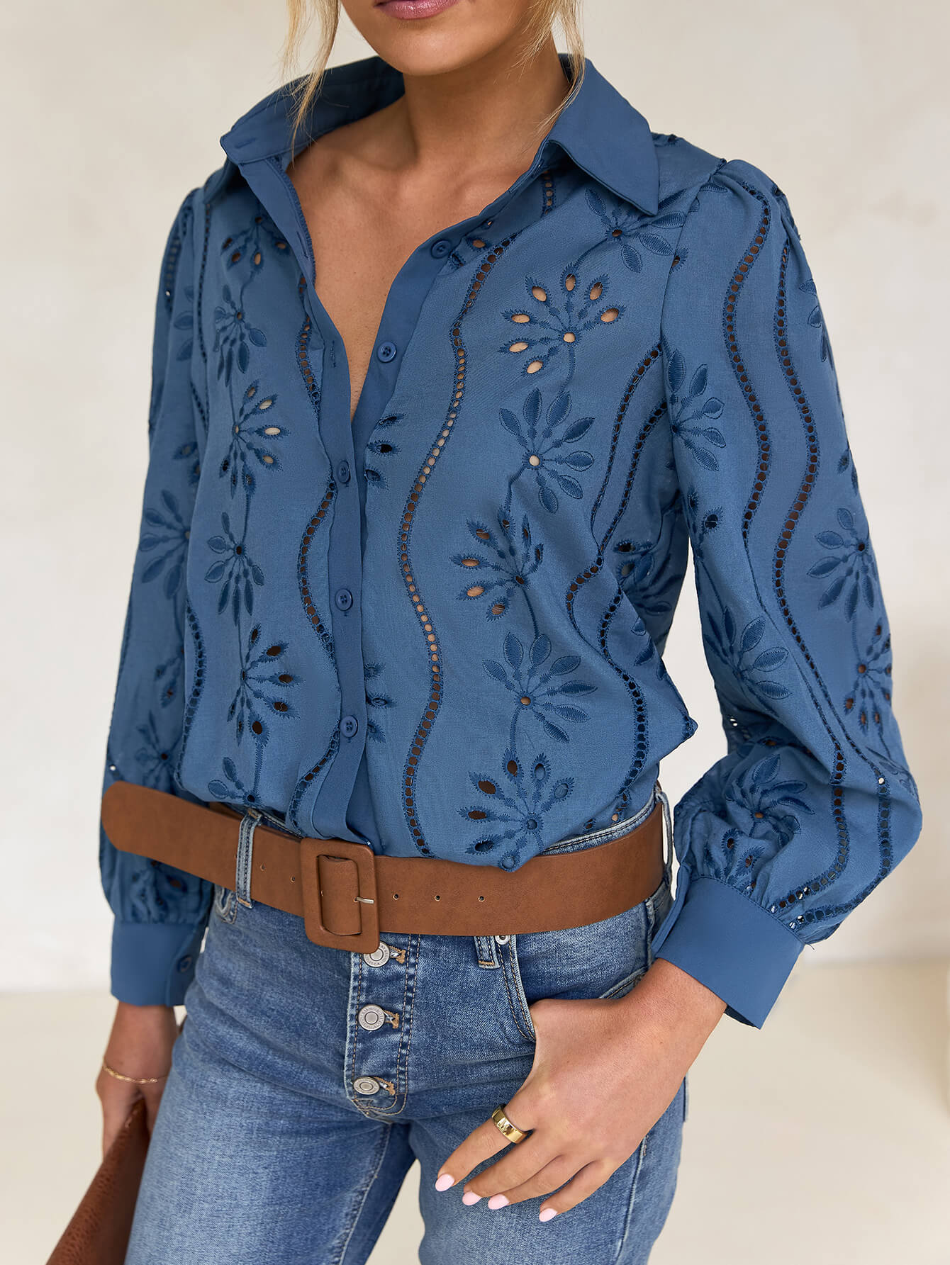 Miley Perforated Long Sleeve Blouse - blue - Image 4