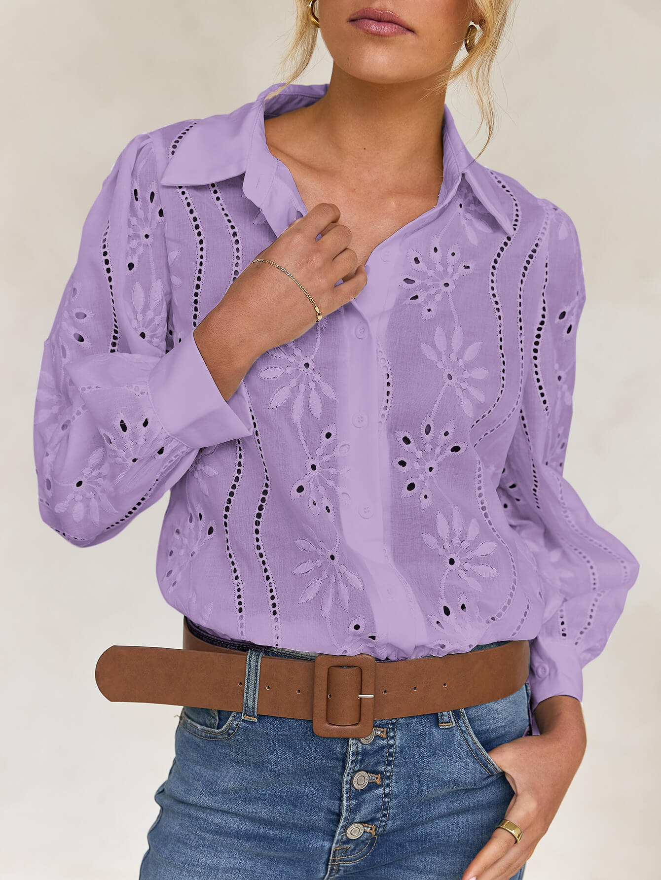 Miley Perforated Long Sleeve Blouse - lavender - Image 2