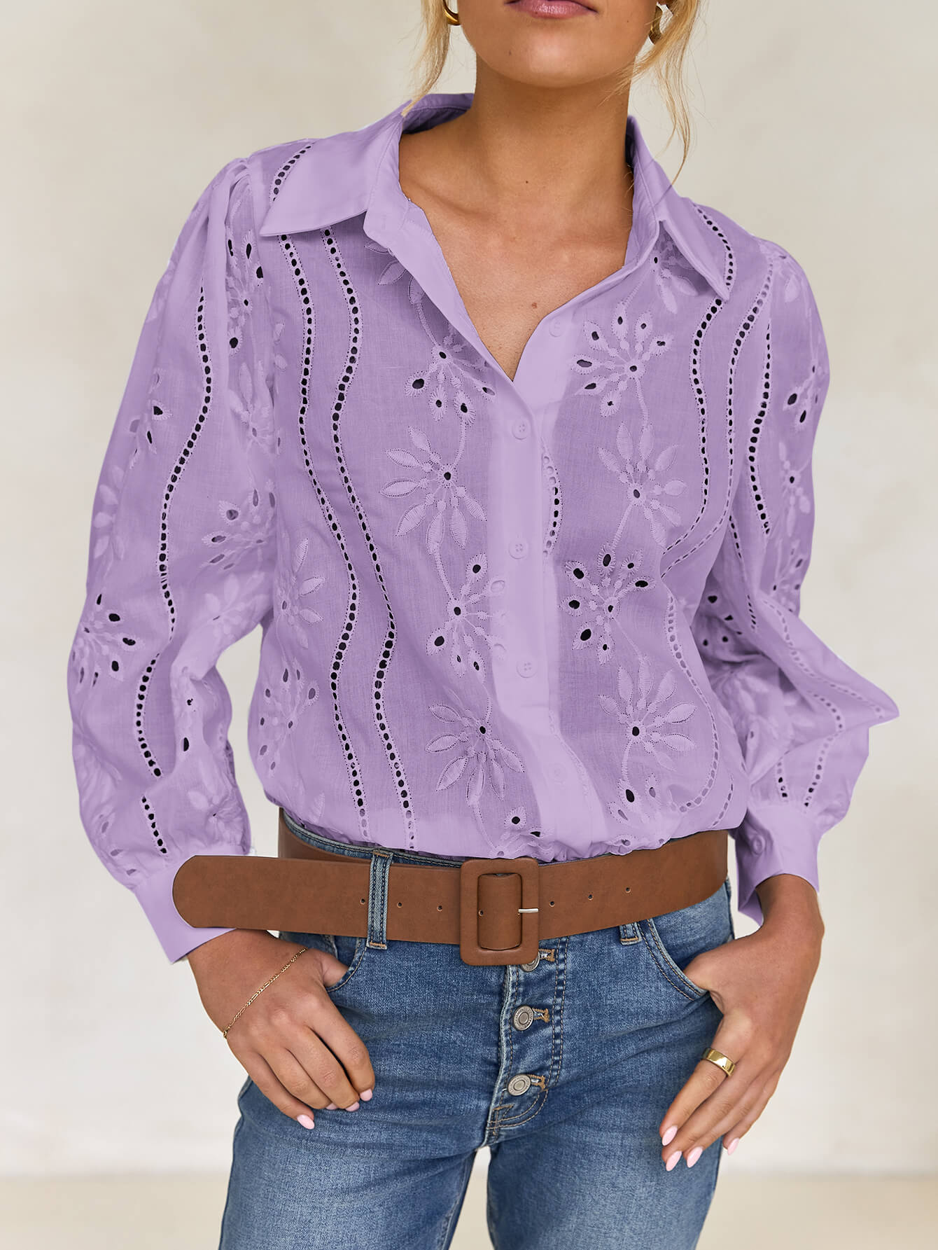 Miley Perforated Long Sleeve Blouse - lavender - Image 4