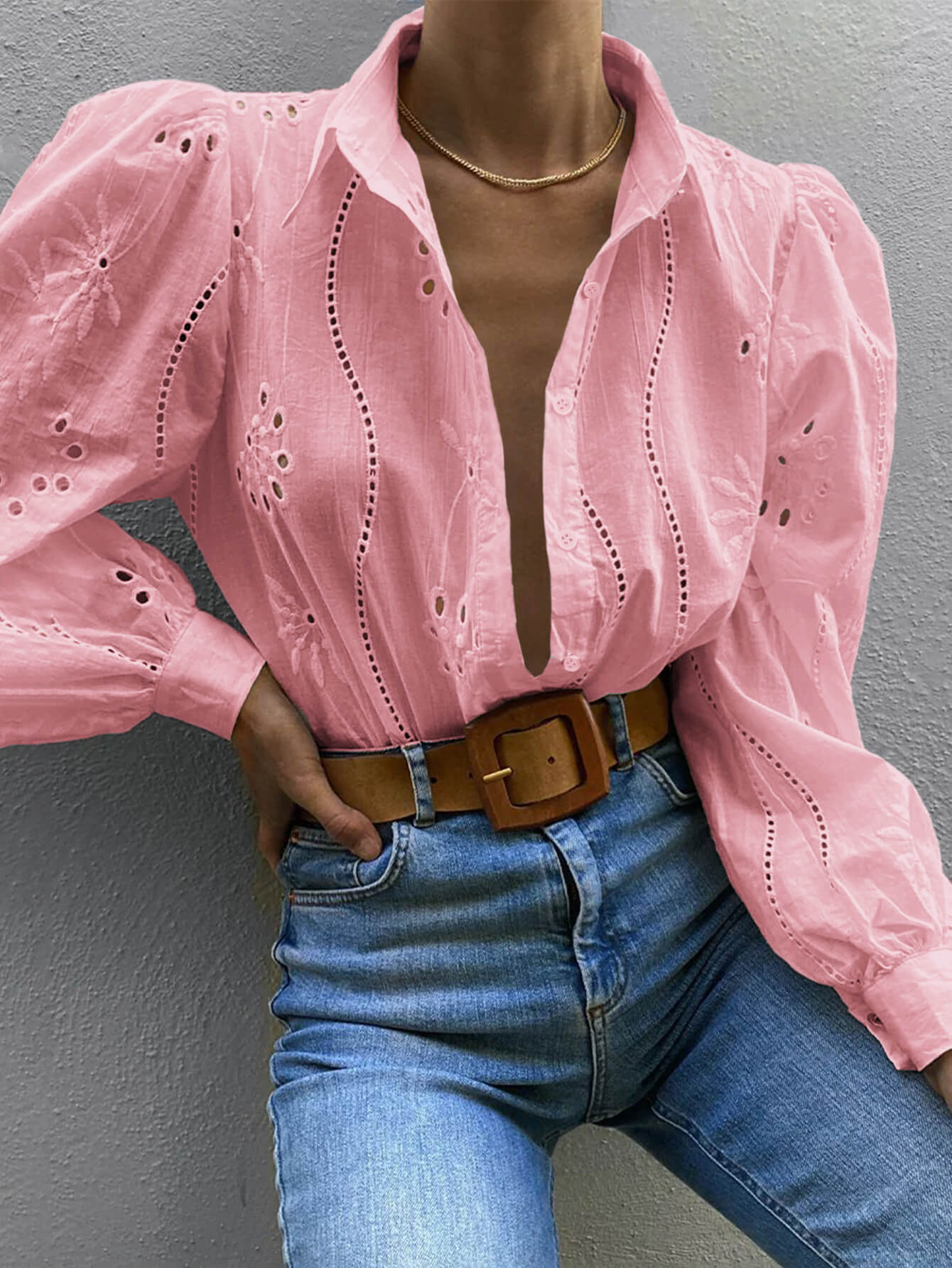 Miley Perforated Long Sleeve Blouse - pink - Image 2