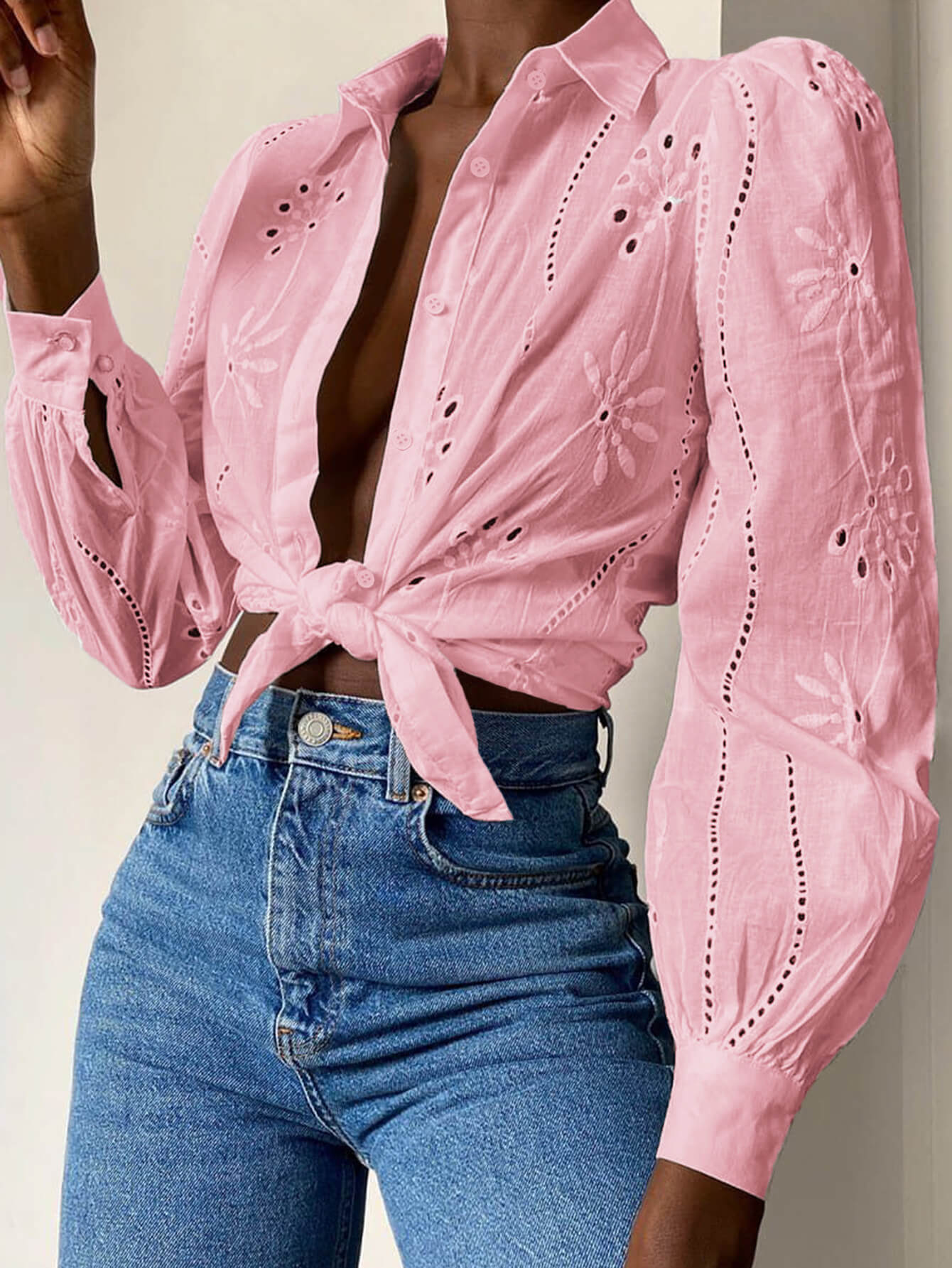 Miley Perforated Long Sleeve Blouse - pink - Image 3
