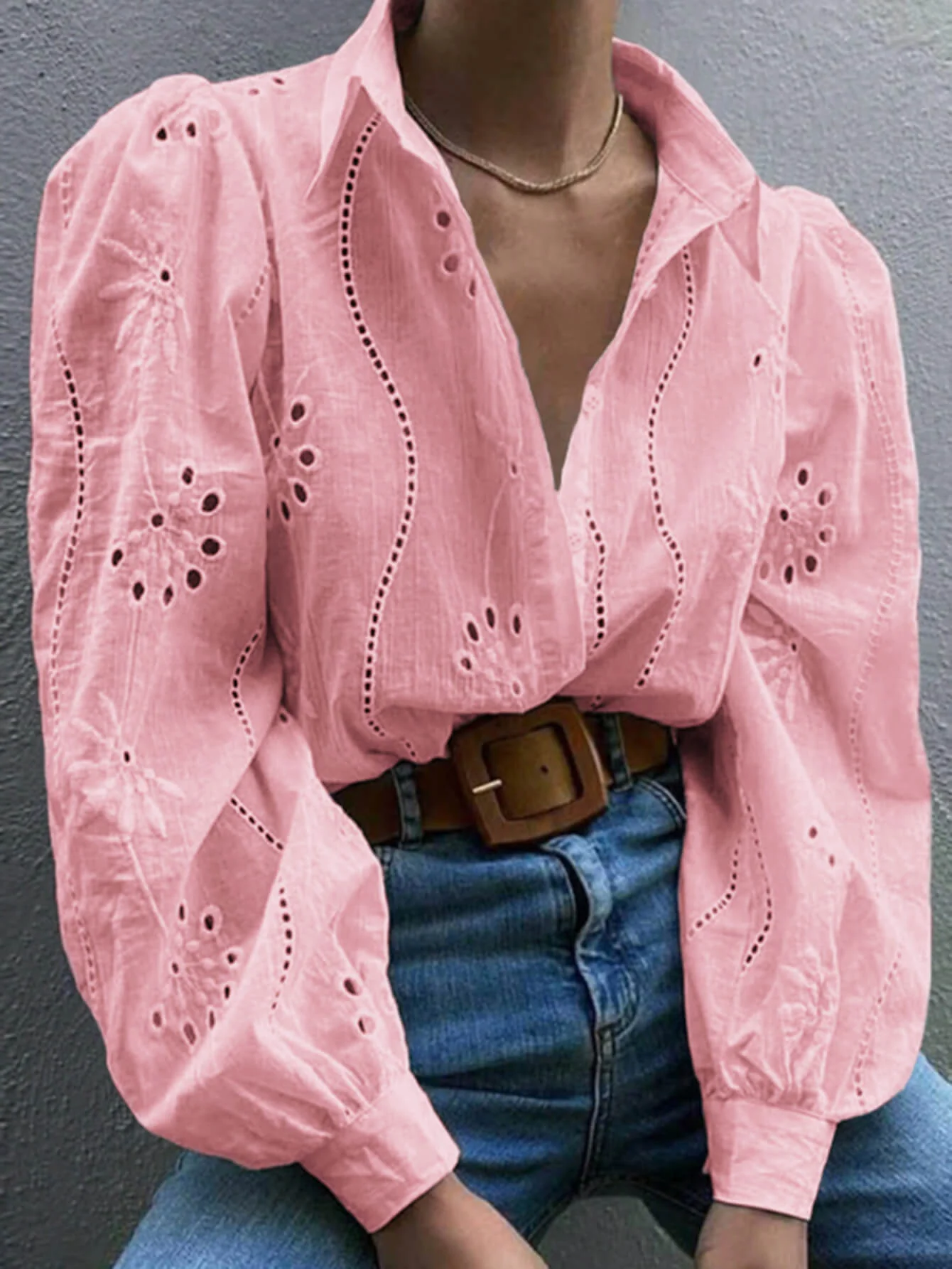 Miley Perforated Long Sleeve Blouse - pink - Image 4