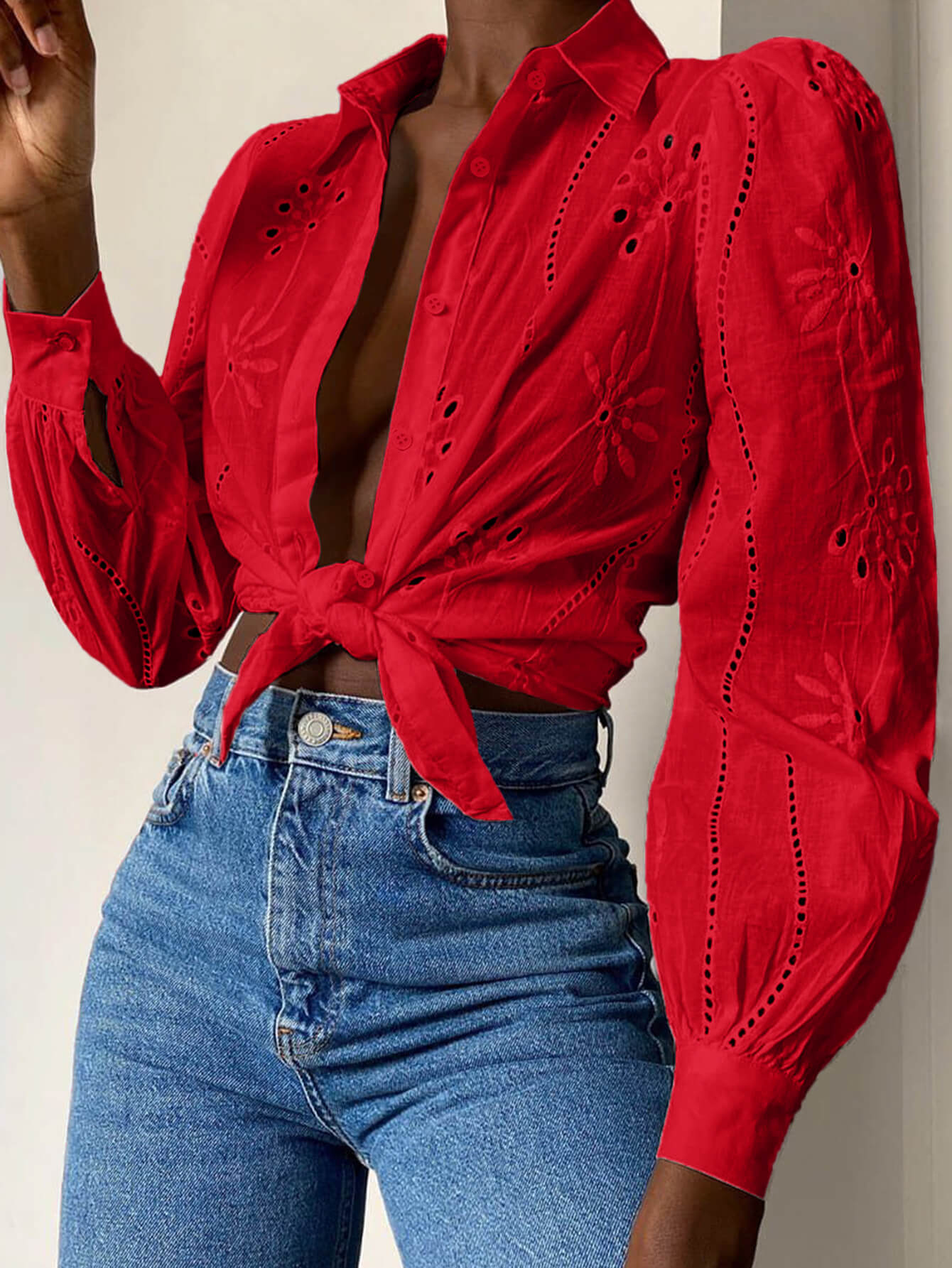 Miley Perforated Long Sleeve Blouse - red - Image 2