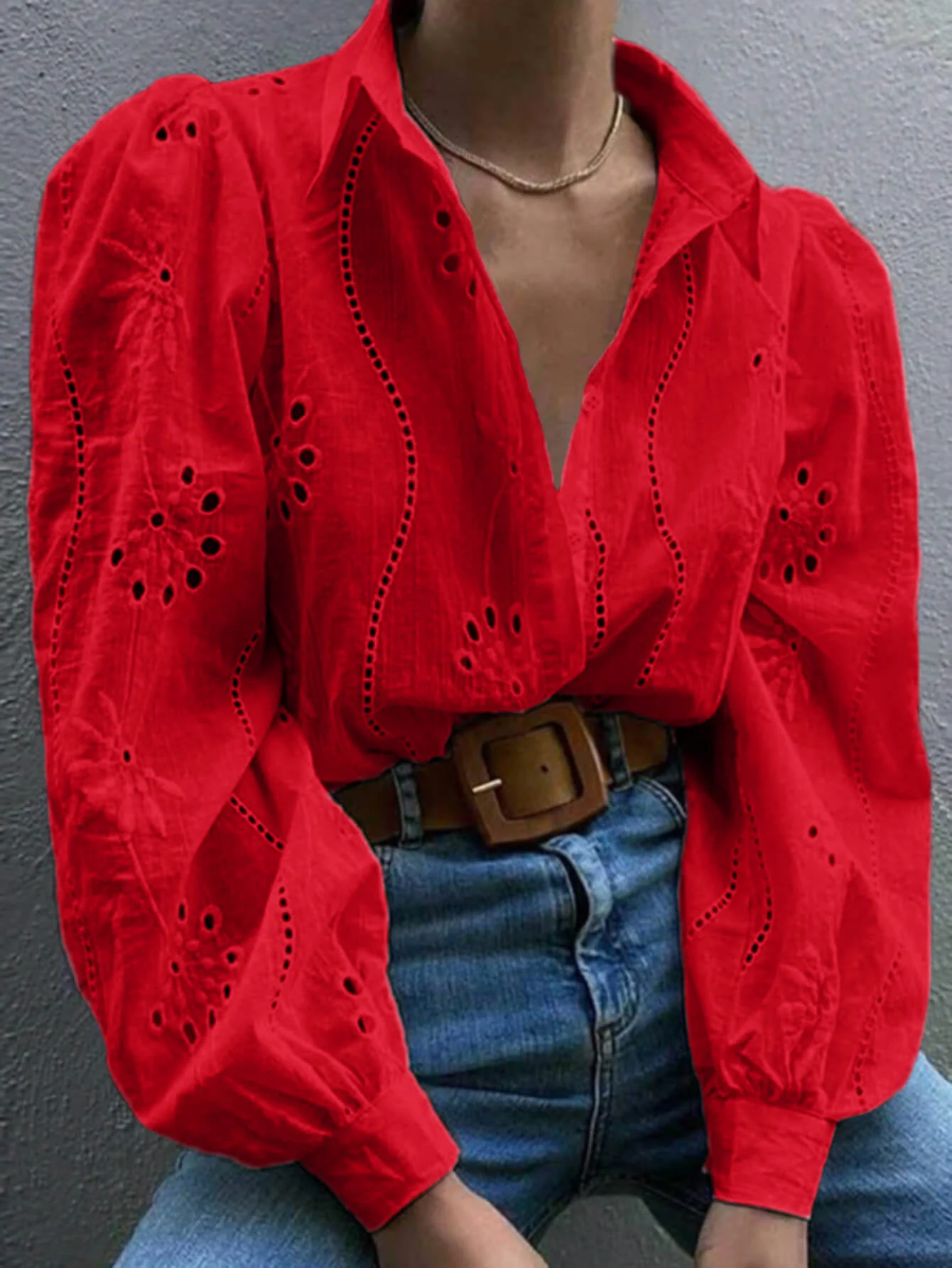 Miley Perforated Long Sleeve Blouse - red - Image 3