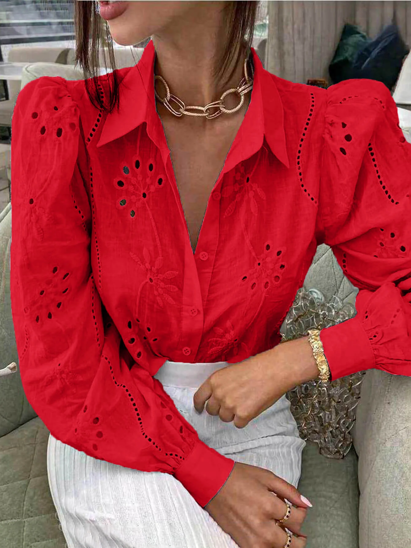 Miley Perforated Long Sleeve Blouse - red - Image 4