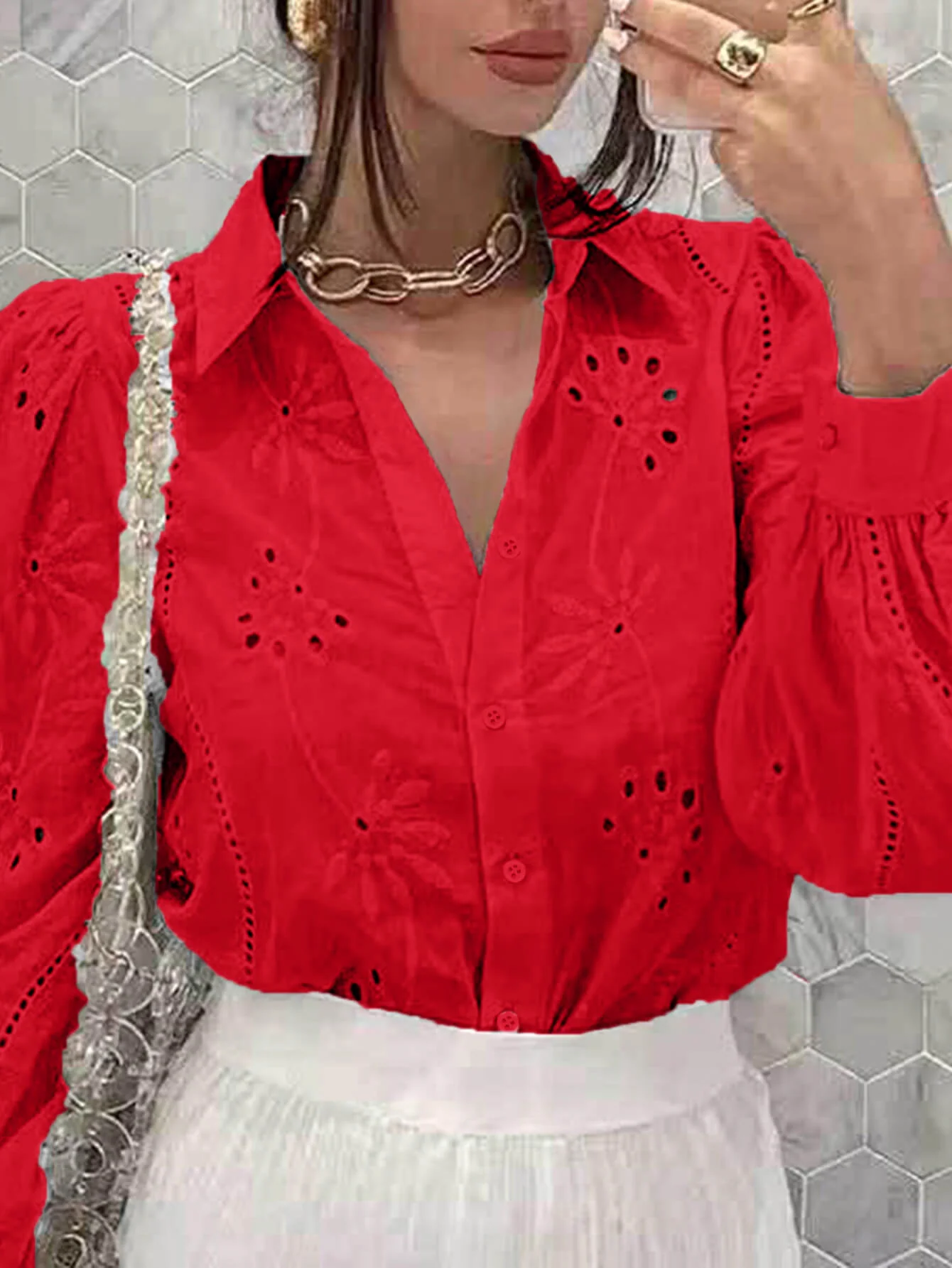 Miley Perforated Long Sleeve Blouse - red - Image 5