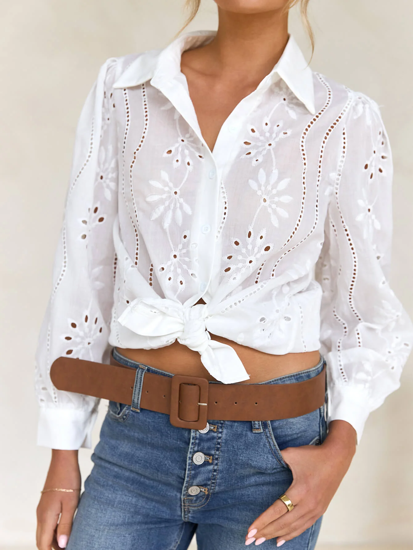 Miley Perforated Long Sleeve Blouse - white - Image 3