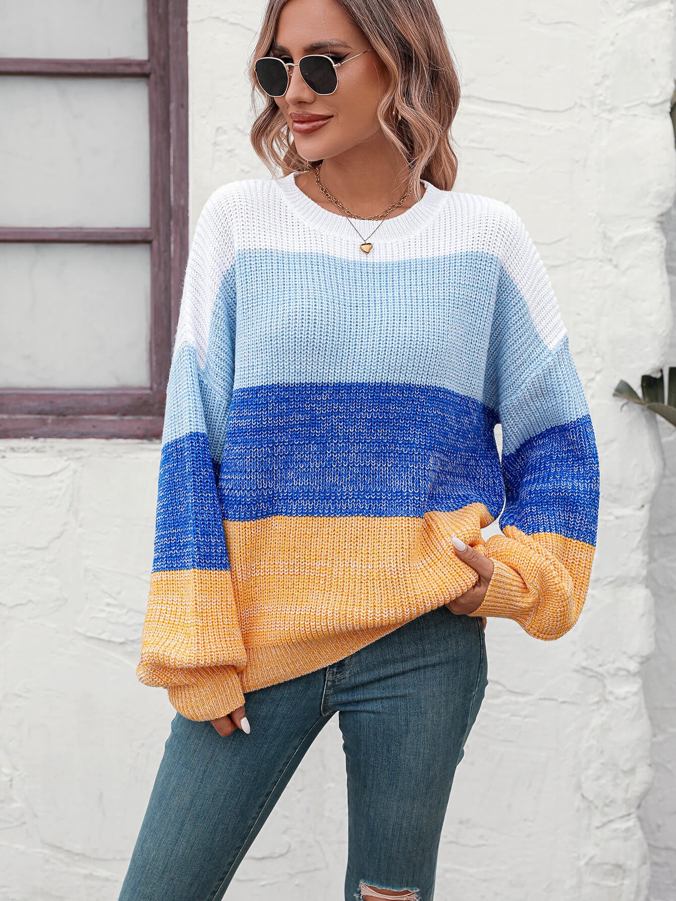 Milton Contrast Striped Pullover Sweater - Blue - Image 5