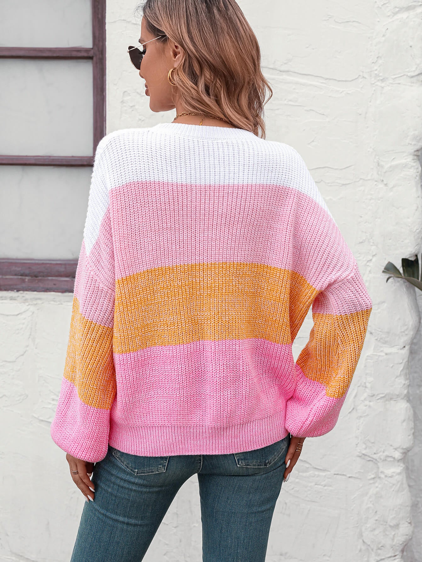 Milton Contrast Striped Pullover Sweater - Pink - Image 3