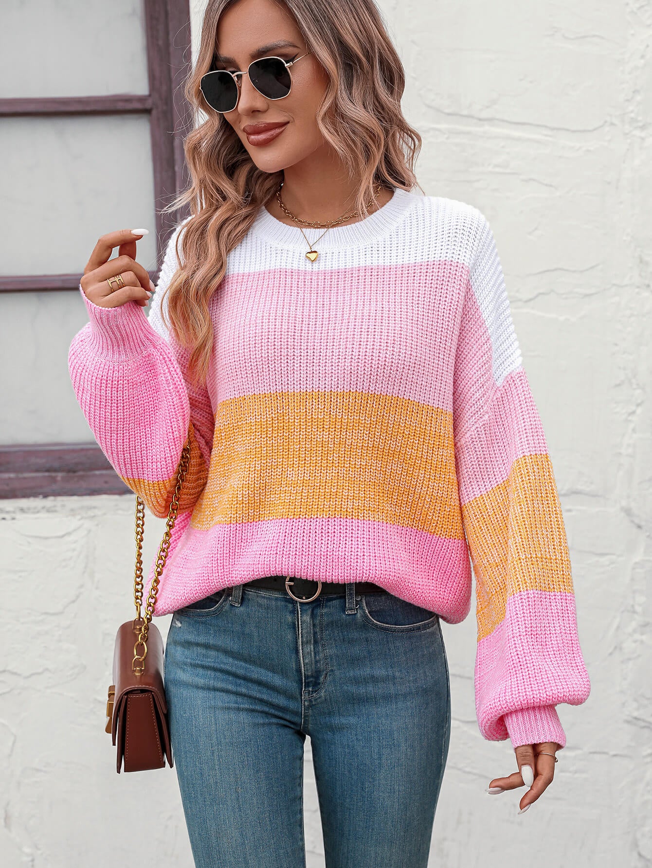 Milton Contrast Striped Pullover Sweater - Pink - Image 4