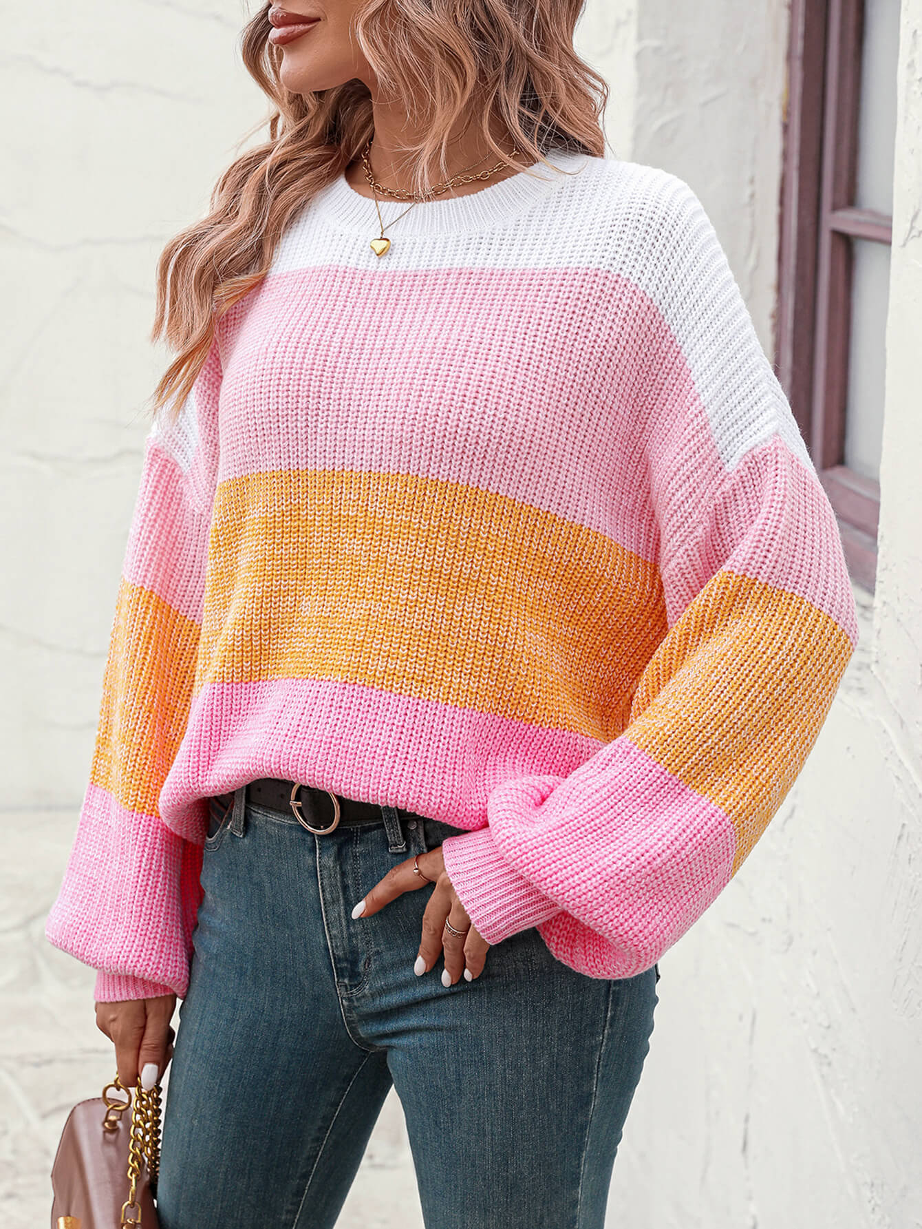 Milton Contrast Striped Pullover Sweater - Pink - Image 5