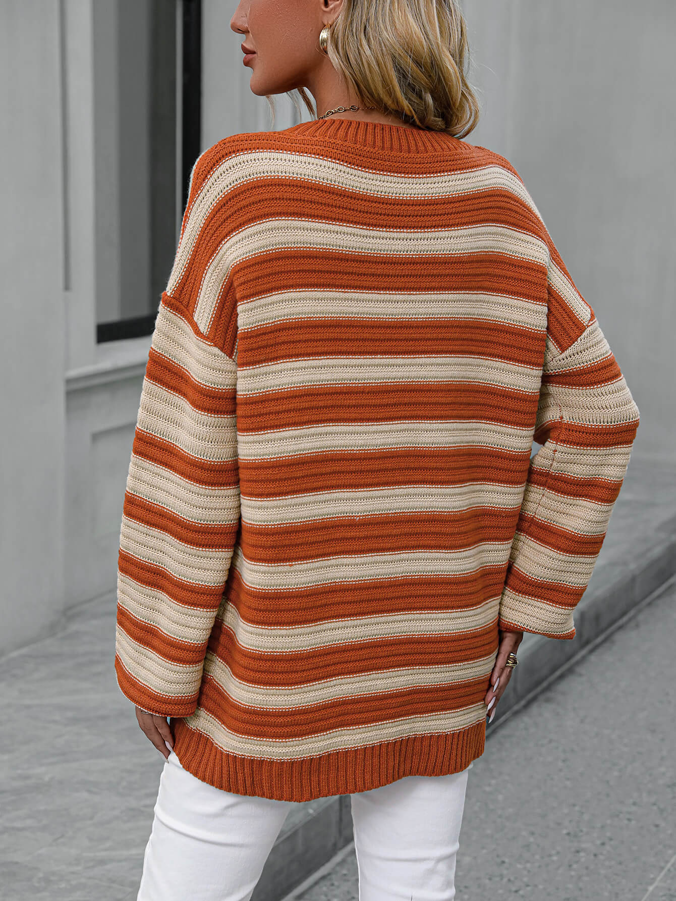 Milton Striped Pullover Knit Sweater - Orange - Image 3