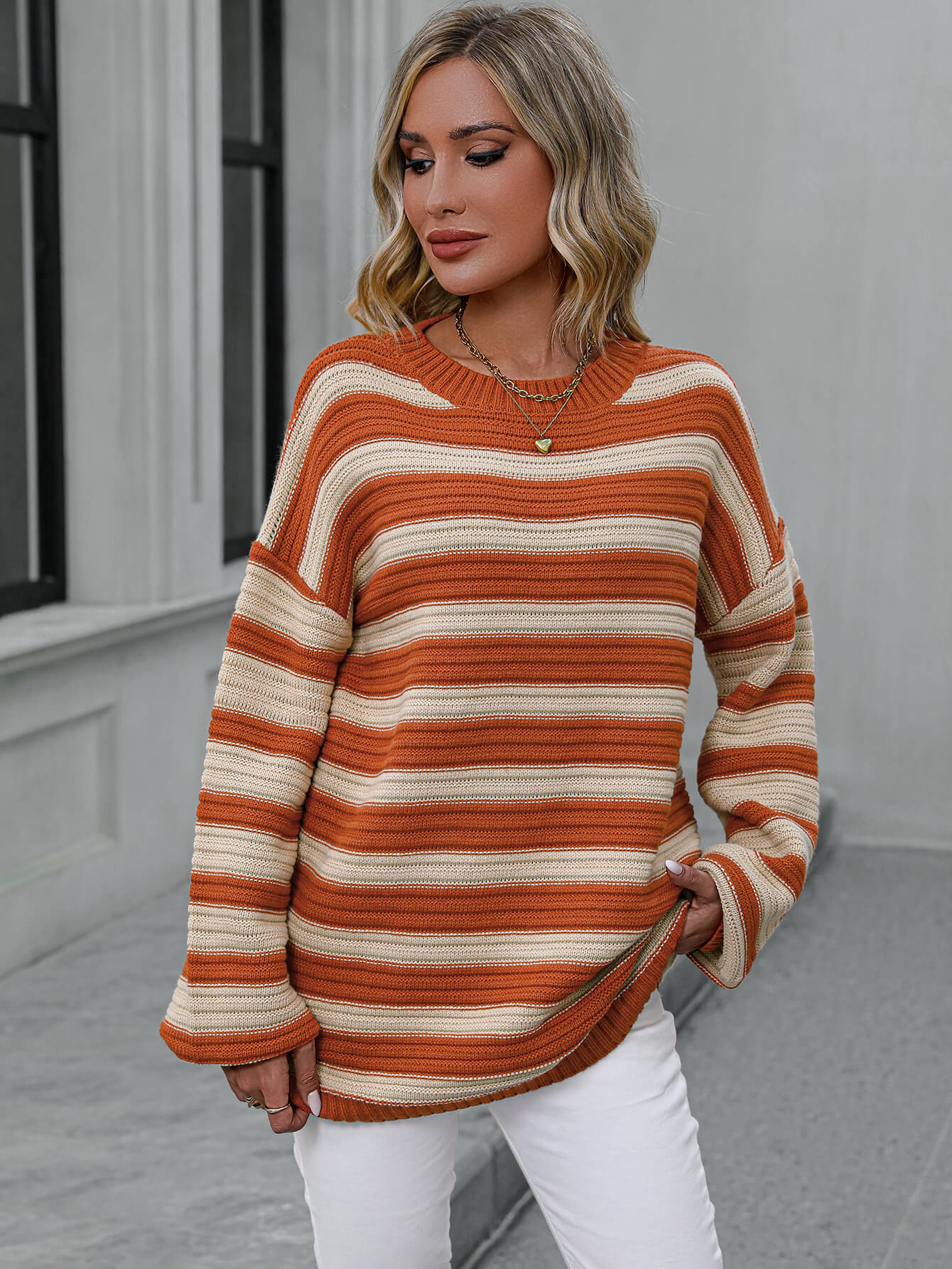 Milton Striped Pullover Knit Sweater - Orange - Image 5