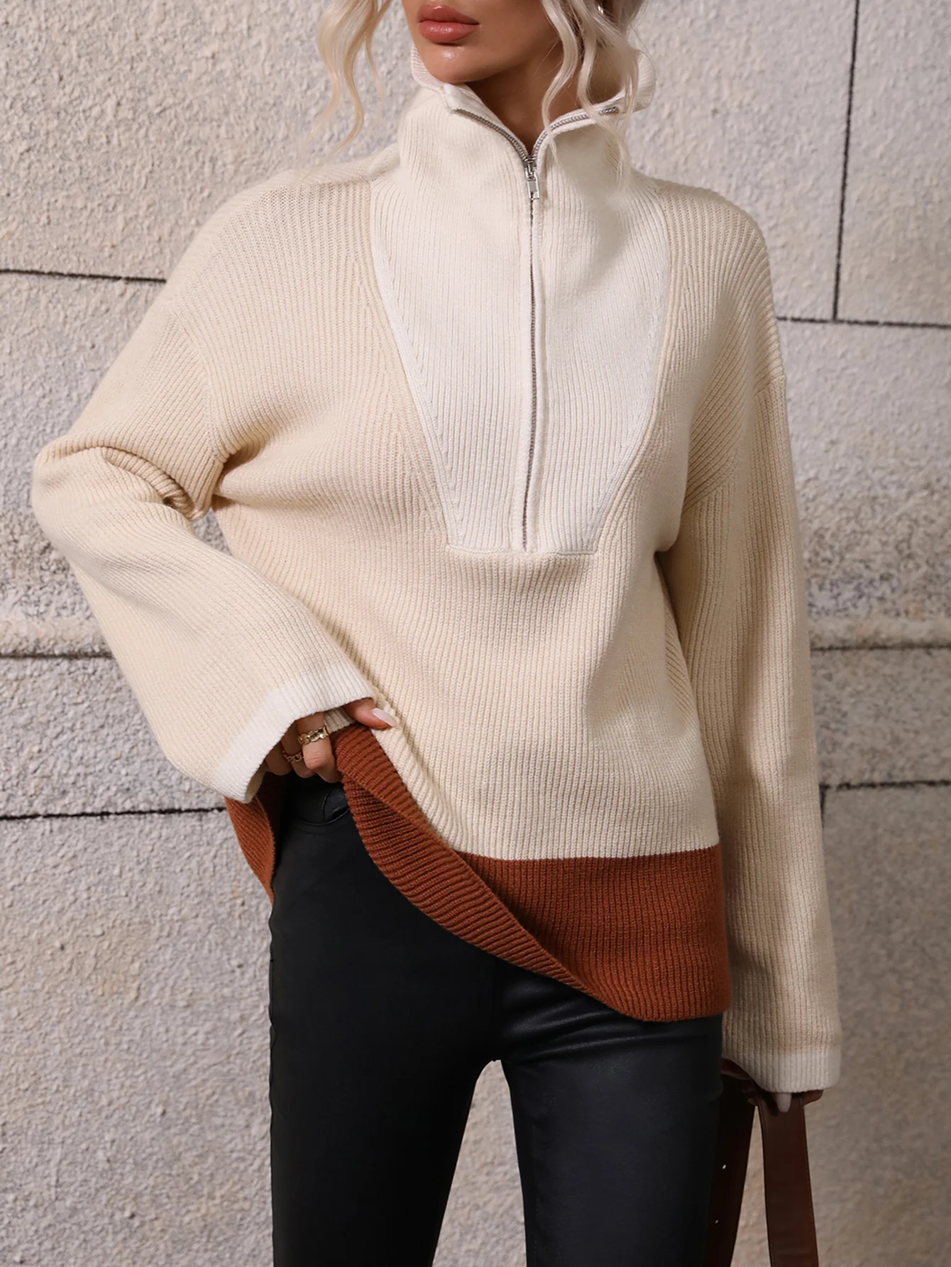 MIND AT EASE KNIT HALF ZIP PULLOVER - BEIGE - Image 2