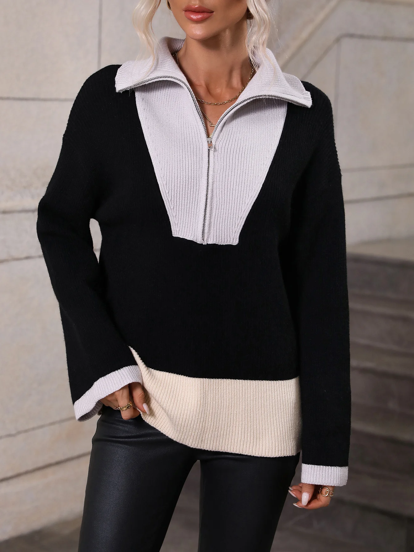 MIND AT EASE KNIT HALF ZIP PULLOVER - BLACK - Image 2