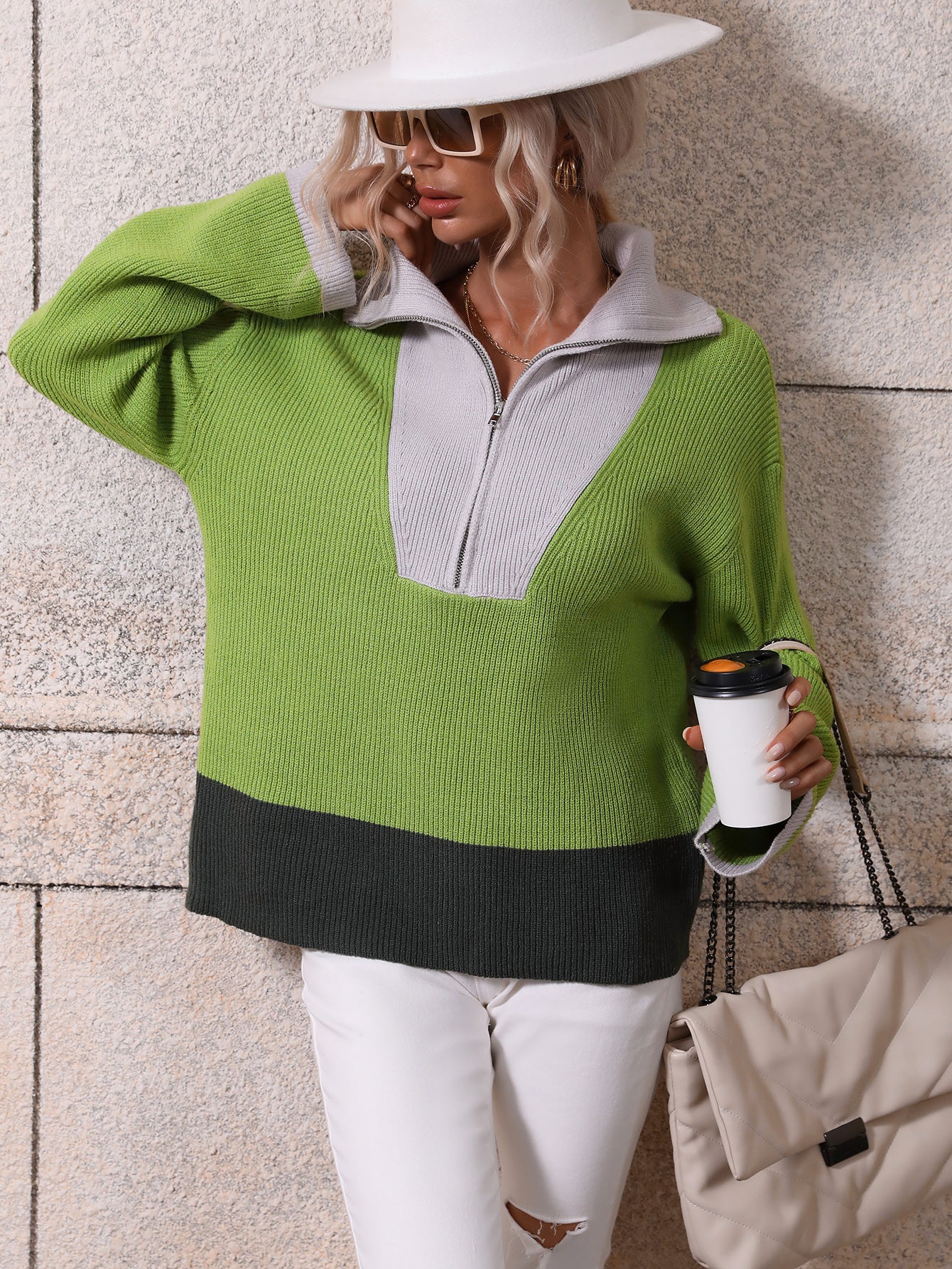 MIND AT EASE KNIT HALF ZIP PULLOVER - GREEN - Image 2