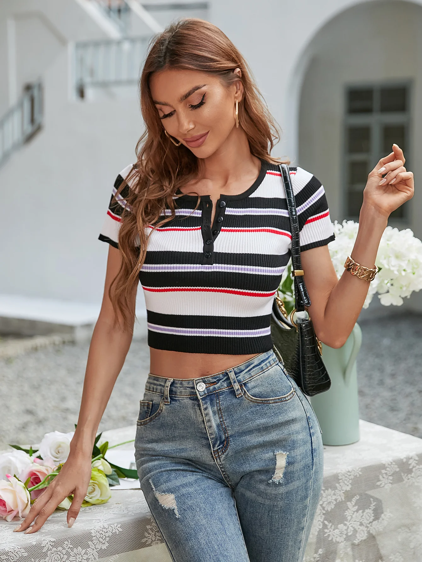MINDIE KNIT CROP TOP - BLACK STRIPE - Image 5