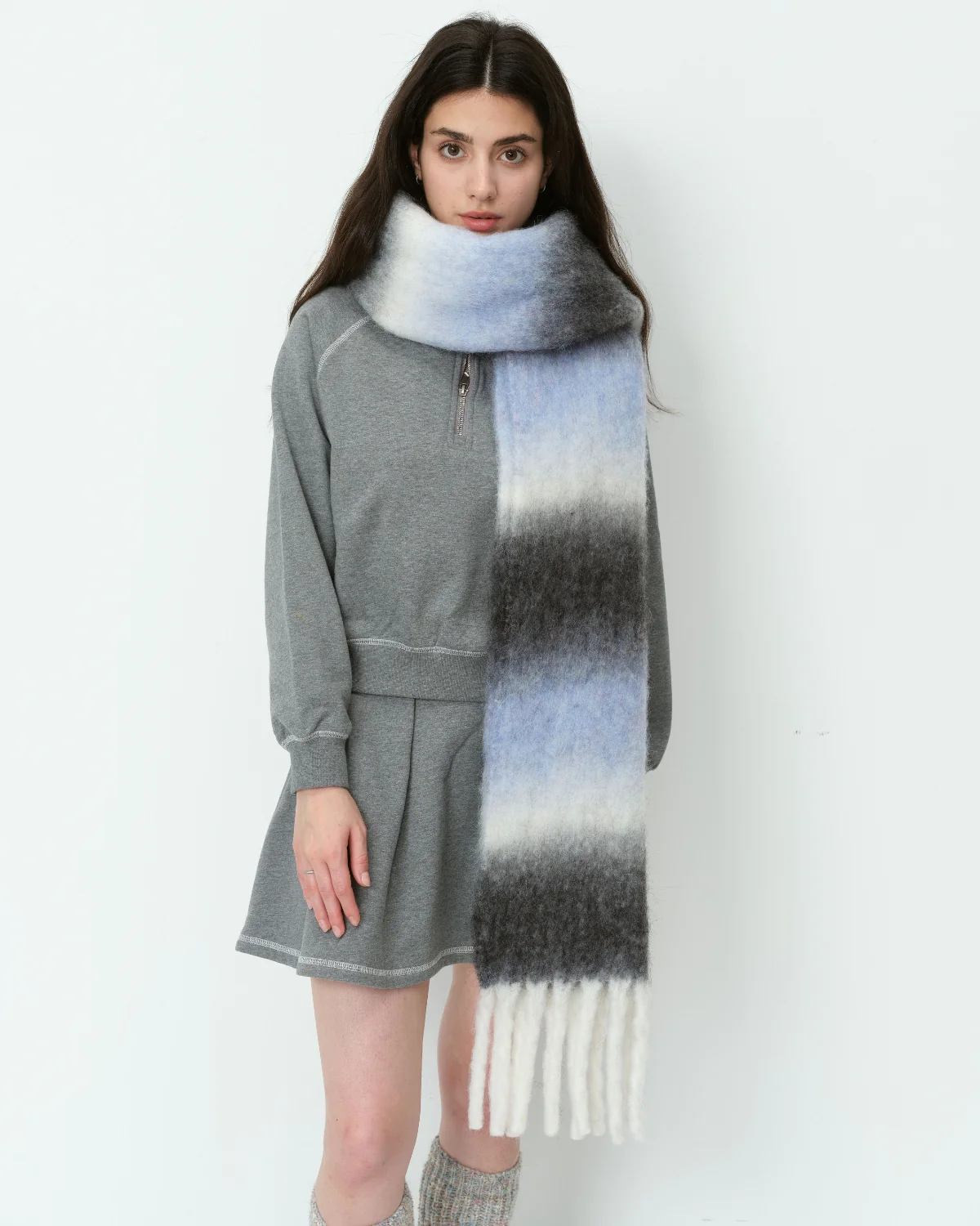 Mohair Gradient Wool Blend Tassel Blanket Scarf - Grey - Image 10