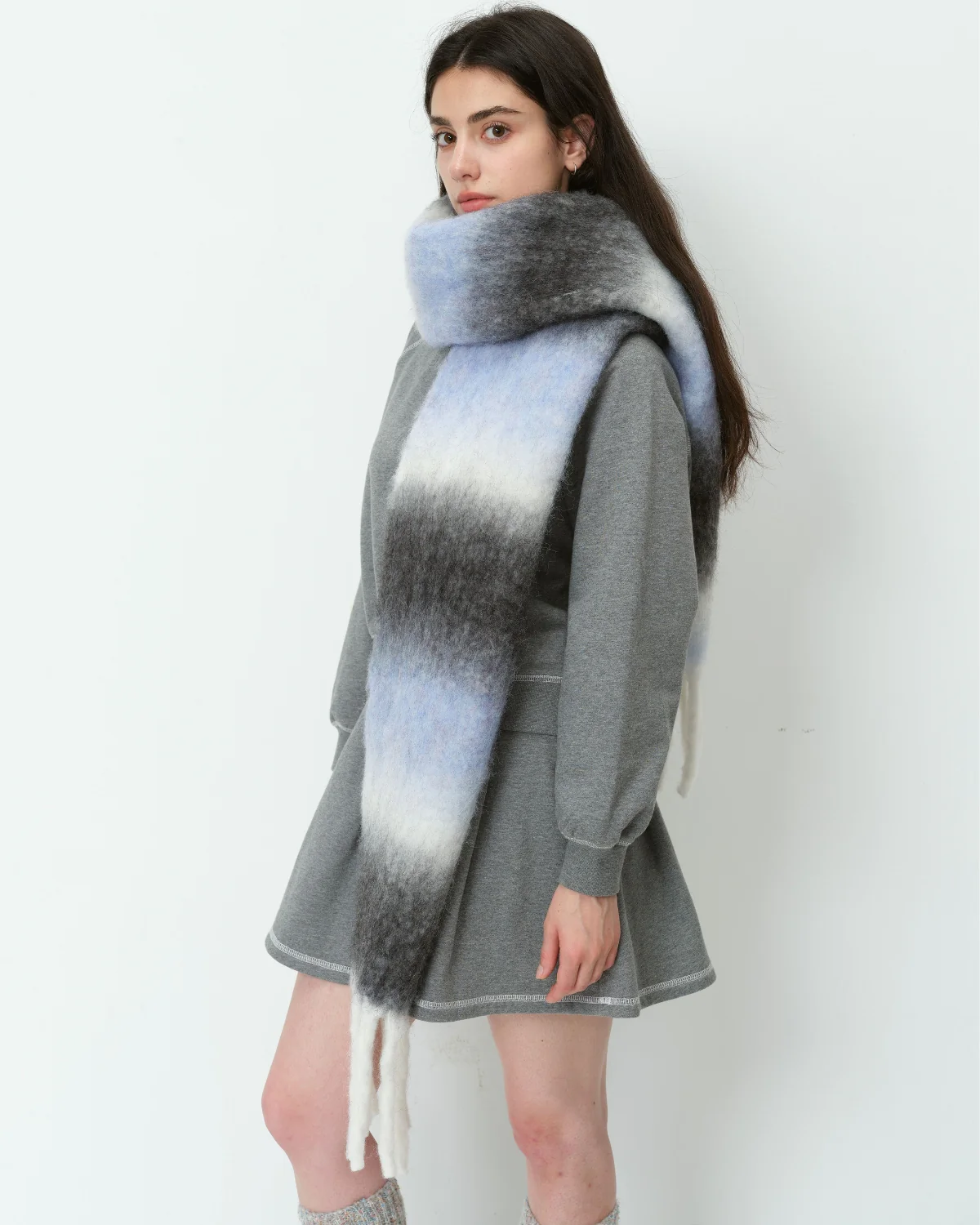 Mohair Gradient Wool Blend Tassel Blanket Scarf - Grey - Image 2