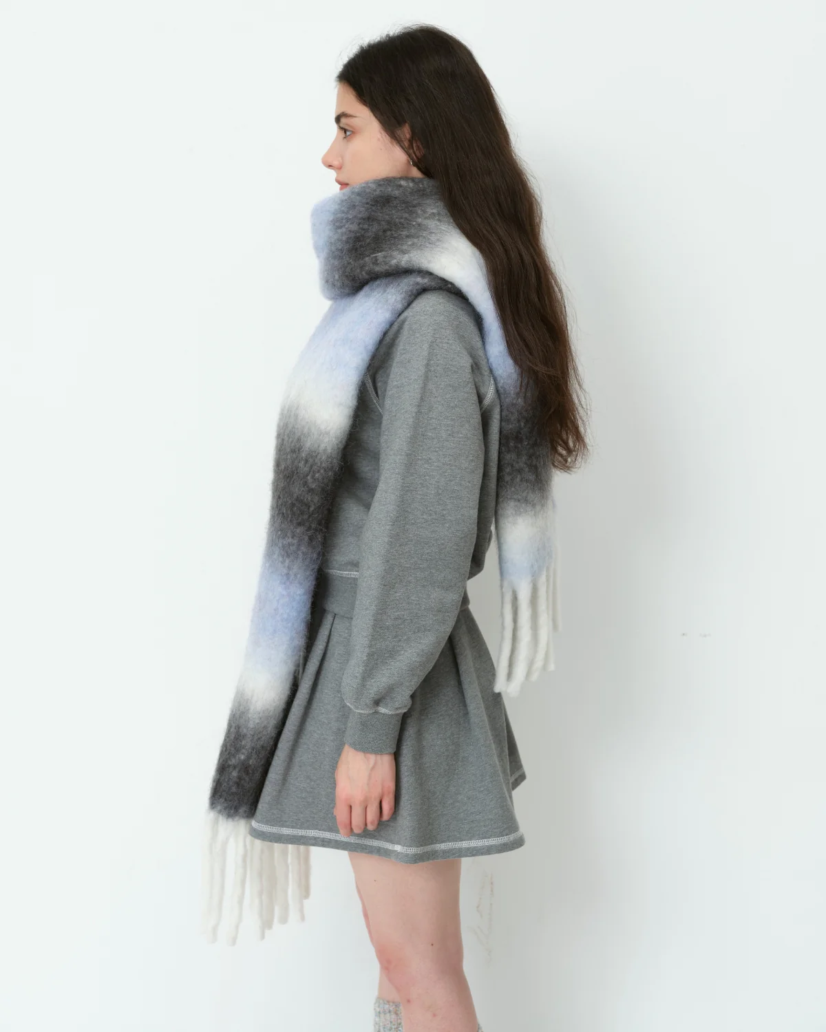 Mohair Gradient Wool Blend Tassel Blanket Scarf - Grey - Image 3