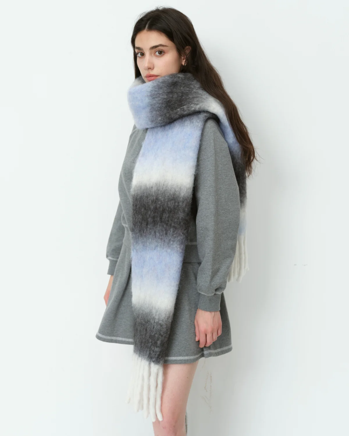 Mohair Gradient Wool Blend Tassel Blanket Scarf - Grey - Image 4