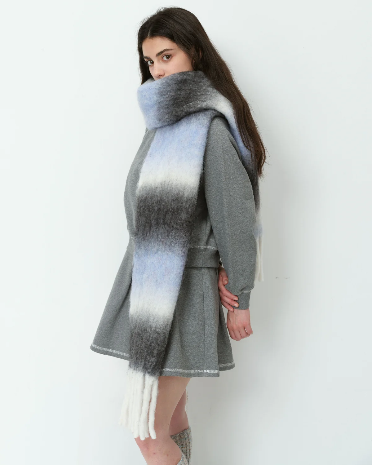 Mohair Gradient Wool Blend Tassel Blanket Scarf - Grey - Image 5
