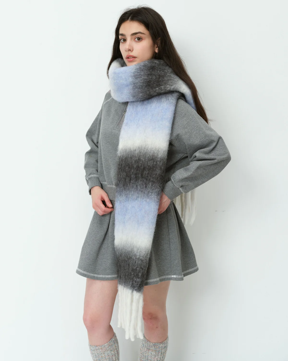 Mohair Gradient Wool Blend Tassel Blanket Scarf - Grey - Image 6