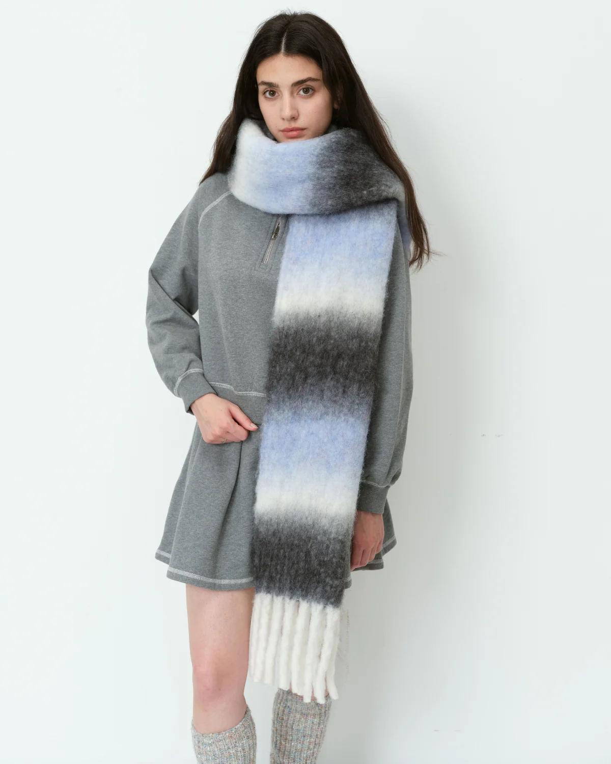 Mohair Gradient Wool Blend Tassel Blanket Scarf - Grey - Image 7