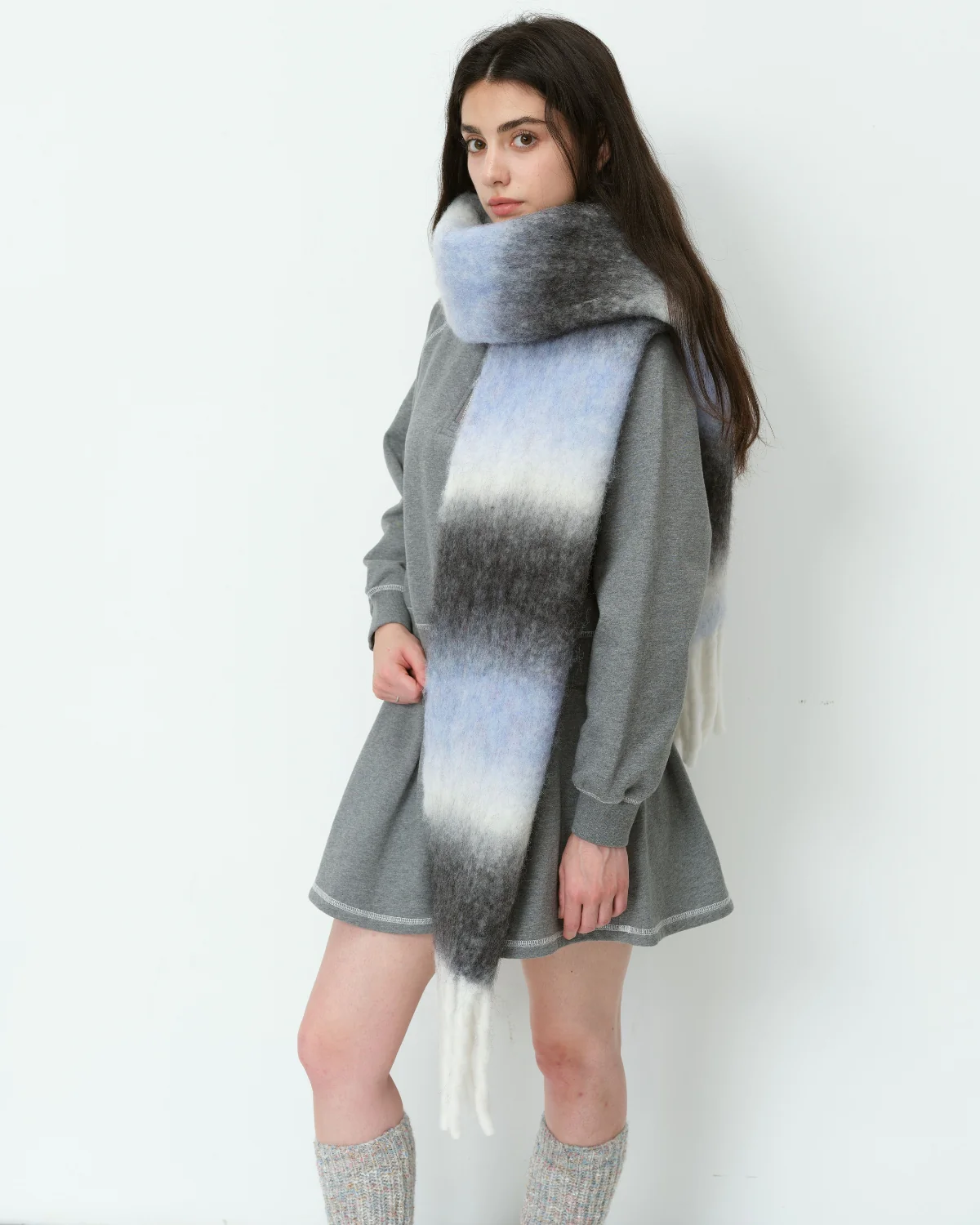 Mohair Gradient Wool Blend Tassel Blanket Scarf - Grey - Image 8
