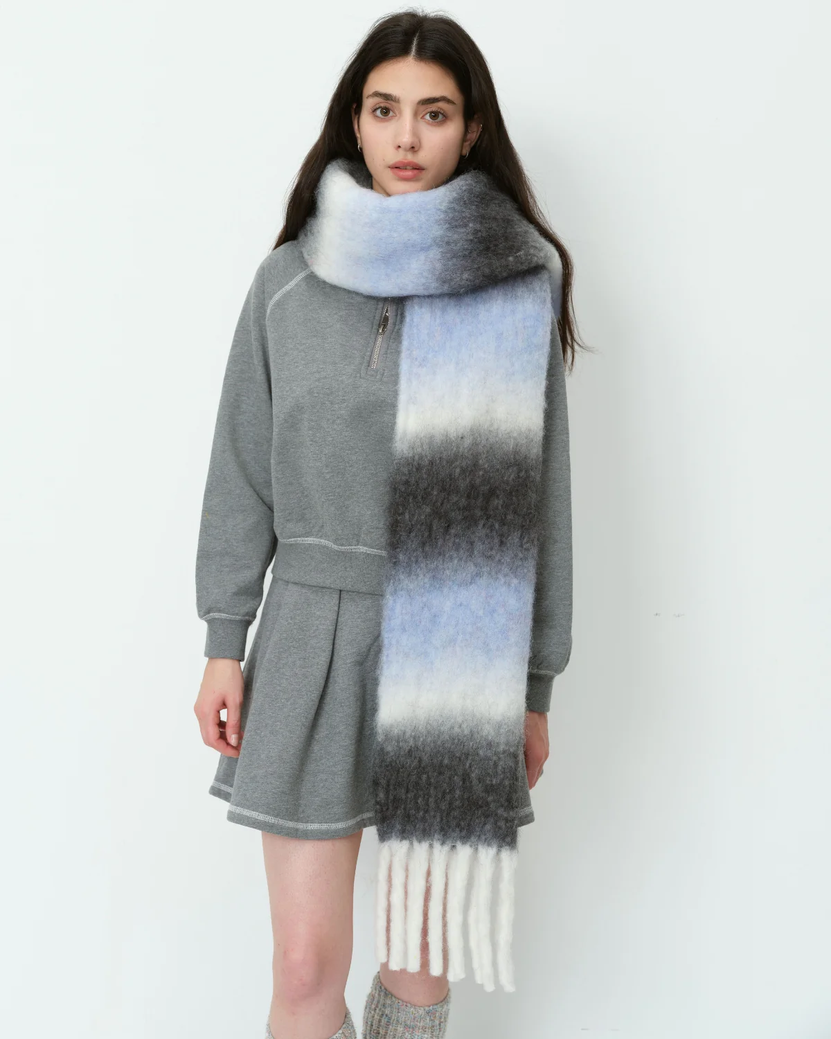 Mohair Gradient Wool Blend Tassel Blanket Scarf - Grey - Image 9