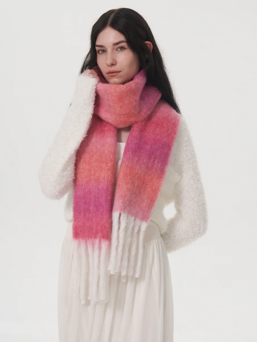 Mohair Gradient Wool Blend Tassel Blanket Scarf - Pink - Image 10
