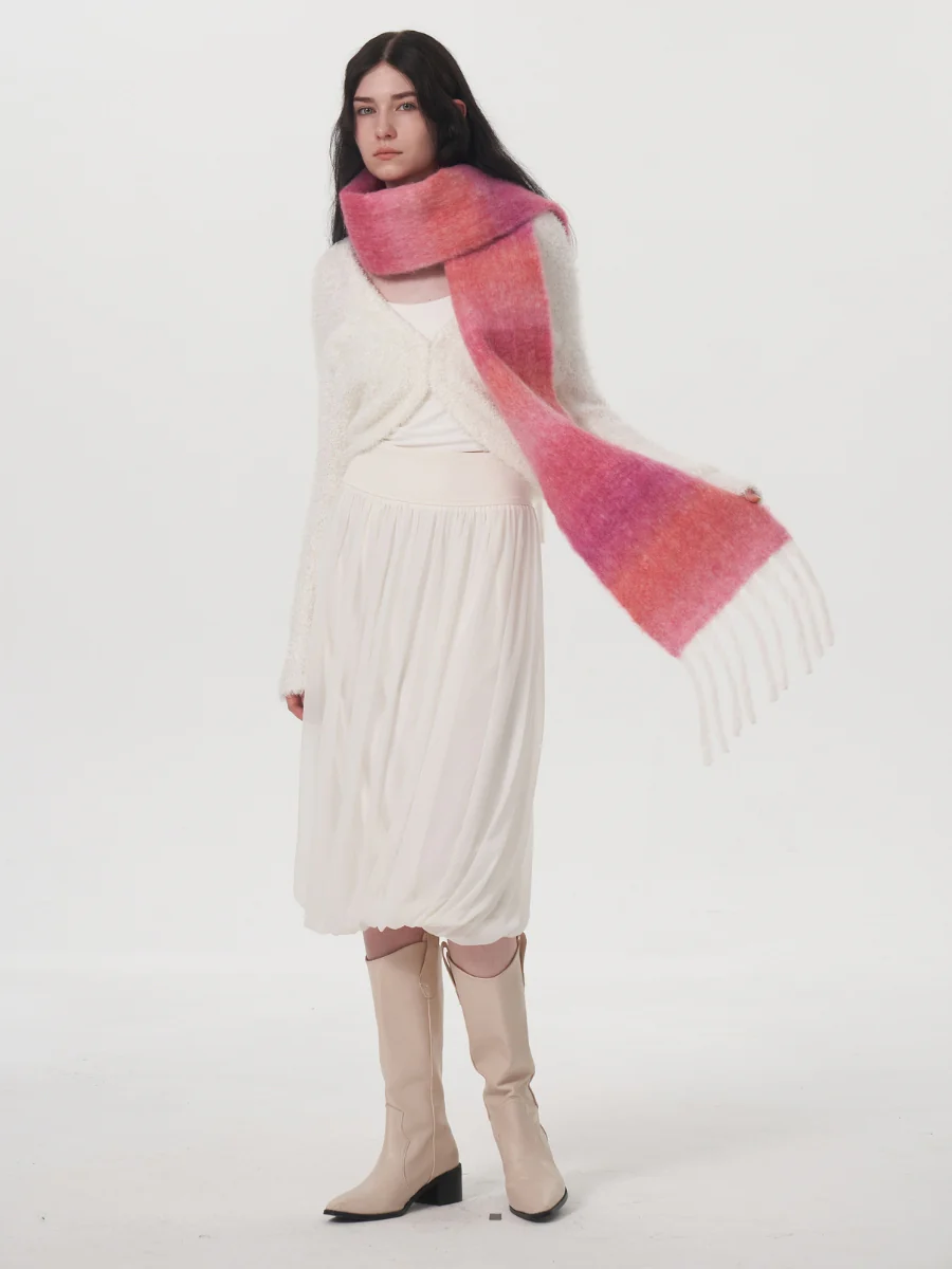 Mohair Gradient Wool Blend Tassel Blanket Scarf - Pink - Image 2