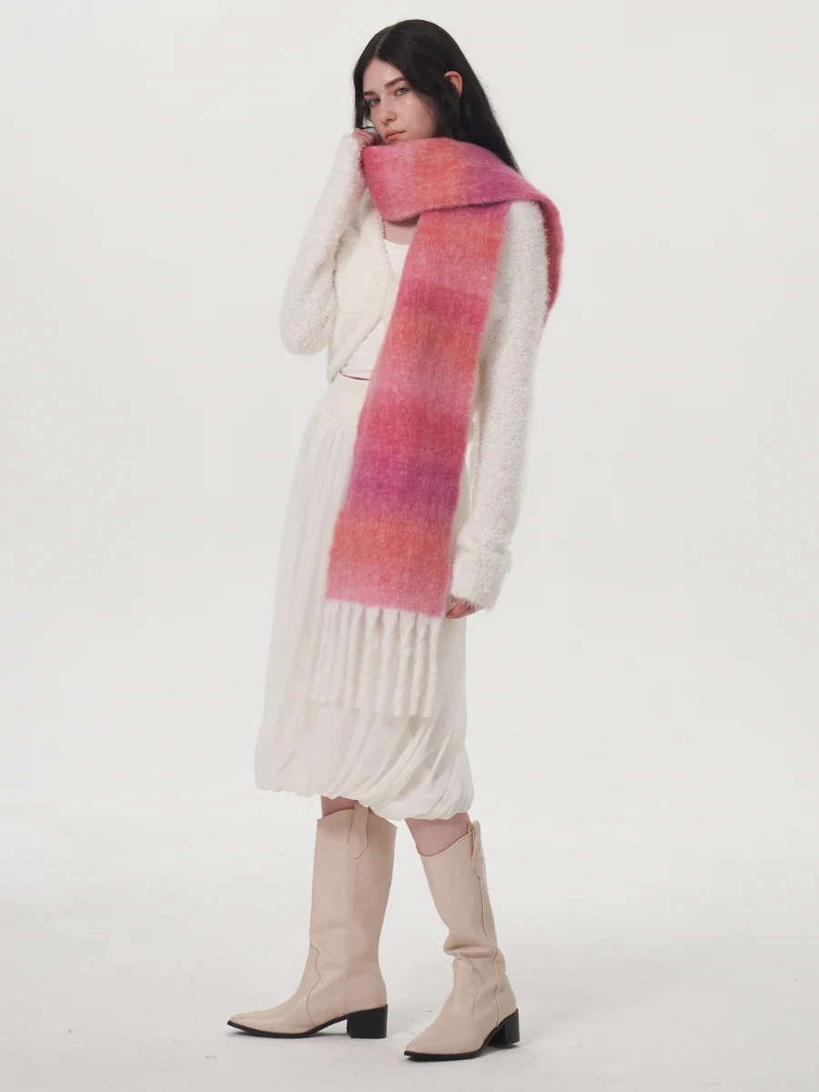 Mohair Gradient Wool Blend Tassel Blanket Scarf - Pink - Image 3