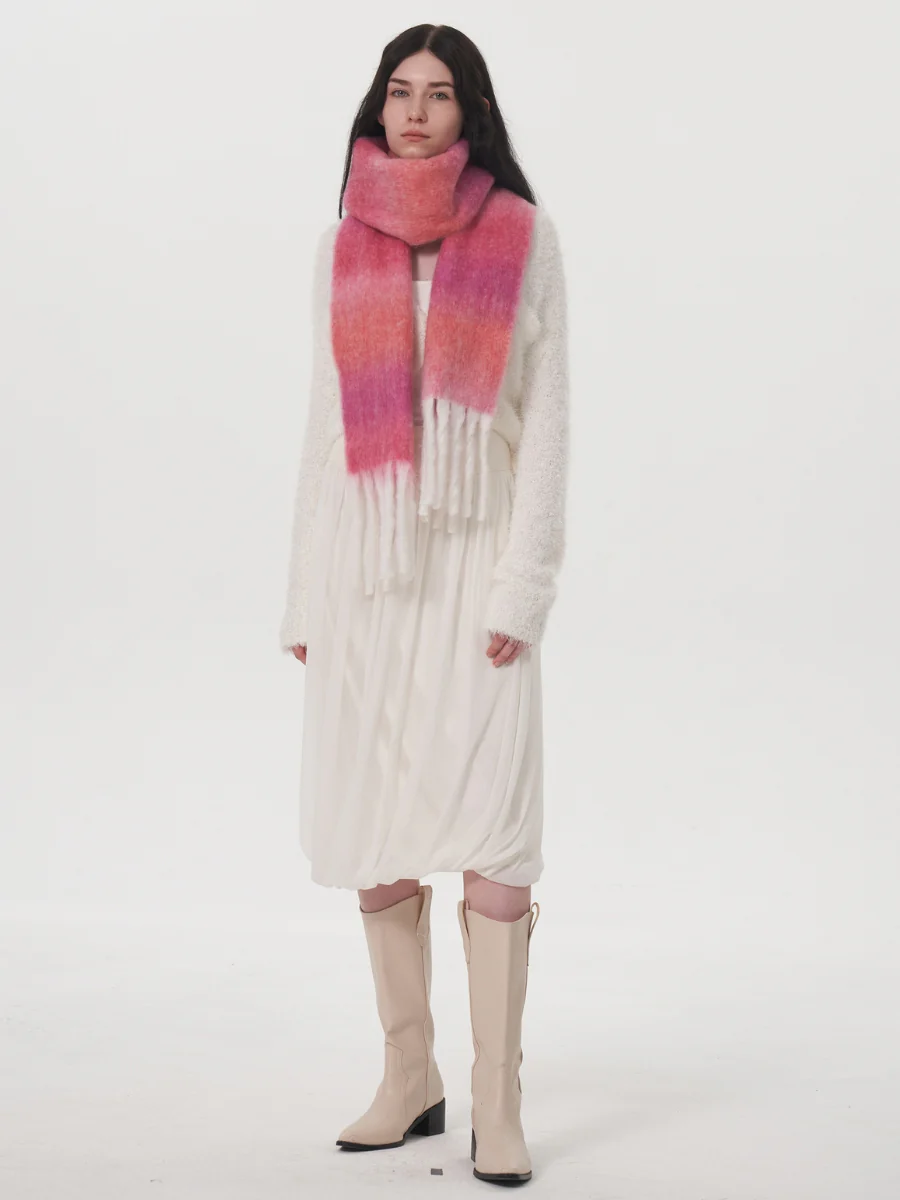 Mohair Gradient Wool Blend Tassel Blanket Scarf - Pink - Image 4