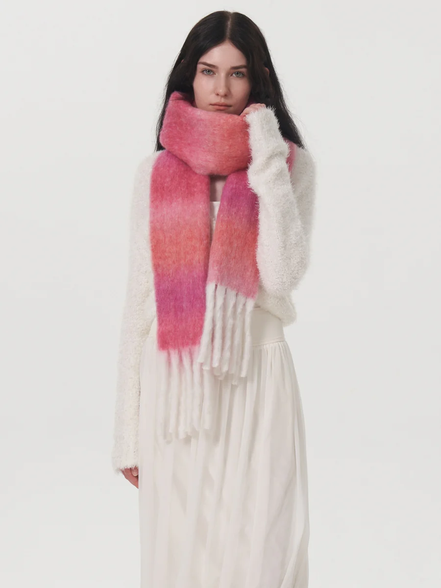 Mohair Gradient Wool Blend Tassel Blanket Scarf - Pink - Image 5