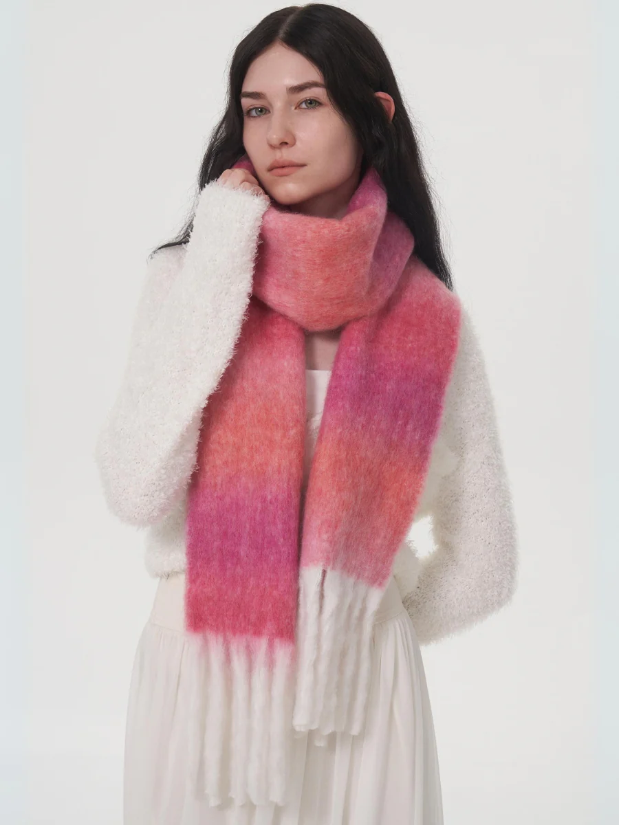 Mohair Gradient Wool Blend Tassel Blanket Scarf - Pink - Image 6