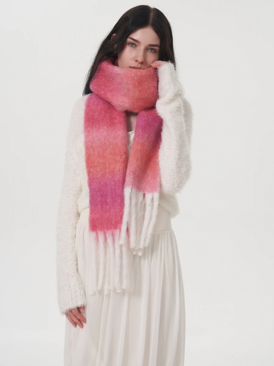 Mohair Gradient Wool Blend Tassel Blanket Scarf - Pink - Image 8