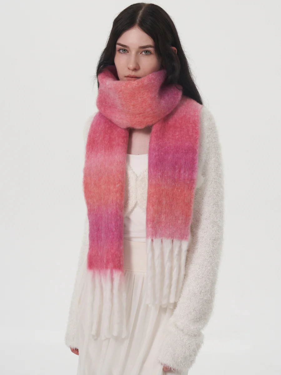 Mohair Gradient Wool Blend Tassel Blanket Scarf - Pink - Image 9