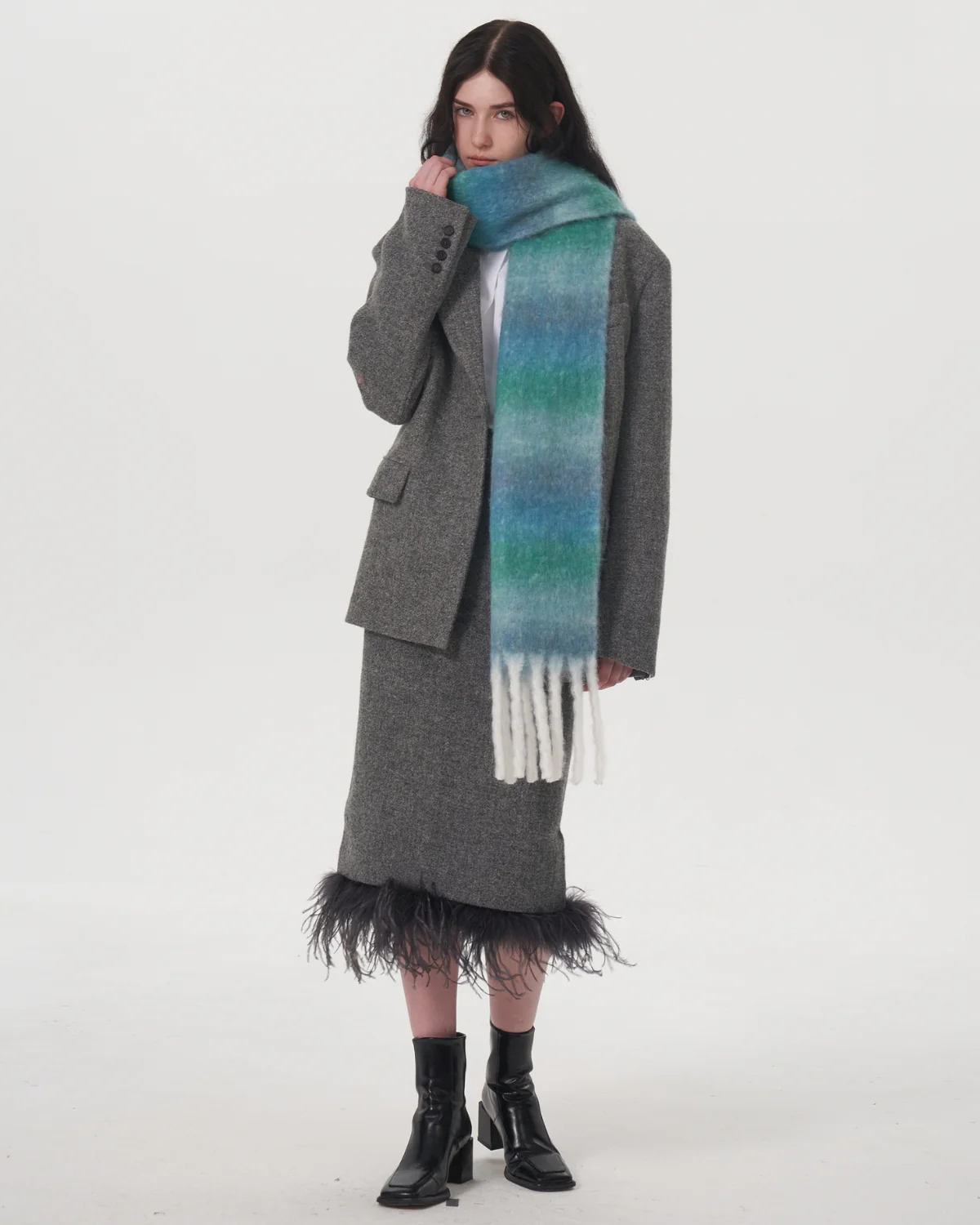 Mohair Gradient Wool Blend Tassel Blanket Scarf - Teal - Image 10