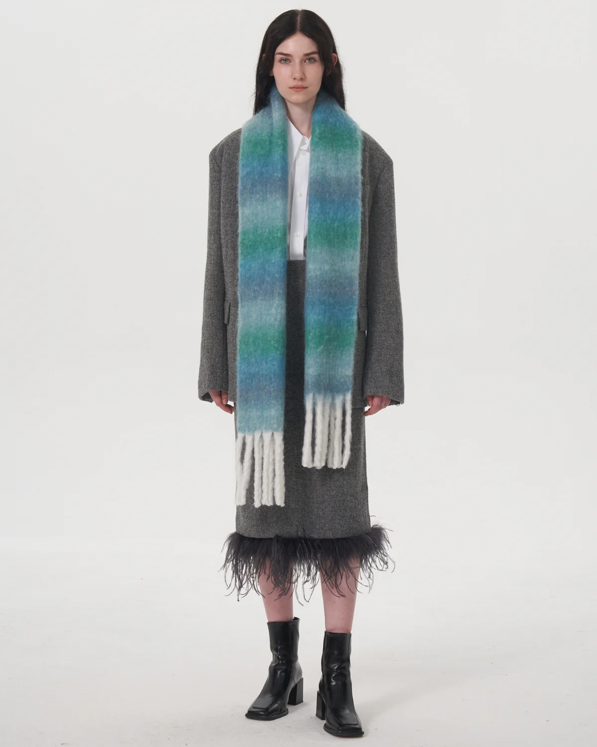 Mohair Gradient Wool Blend Tassel Blanket Scarf - Teal - Image 3