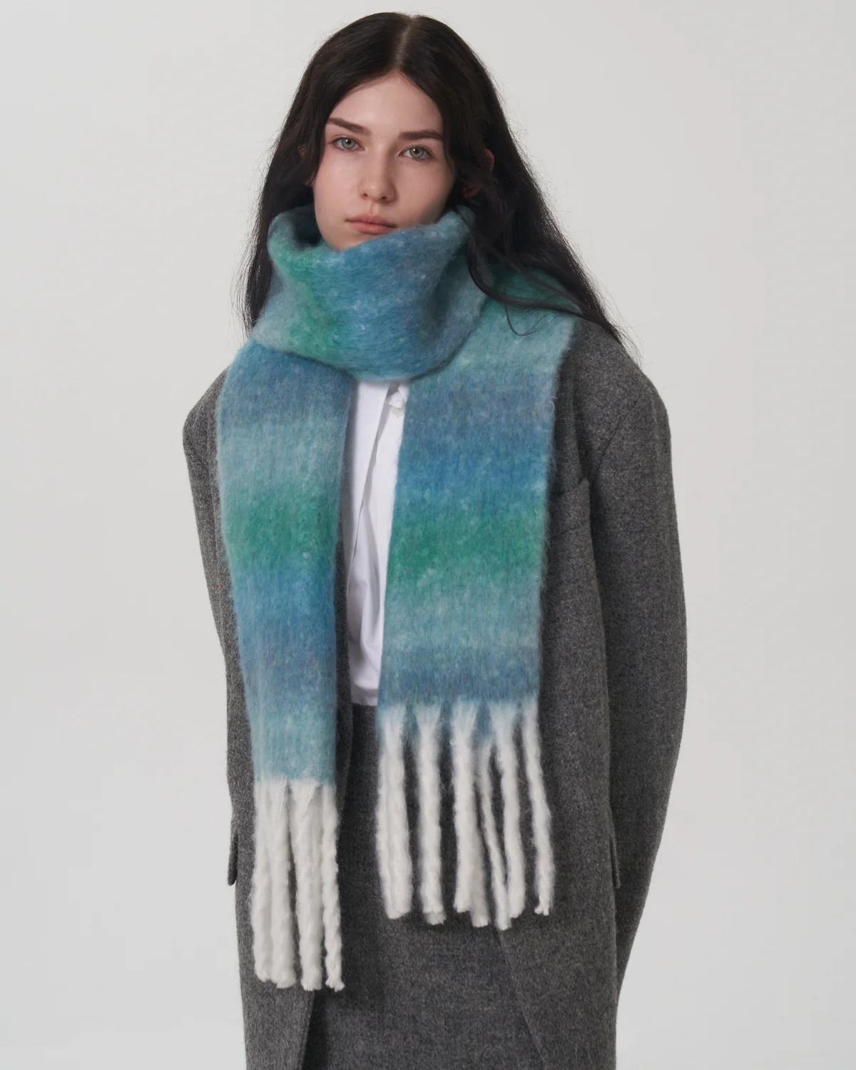 Mohair Gradient Wool Blend Tassel Blanket Scarf - Teal - Image 4