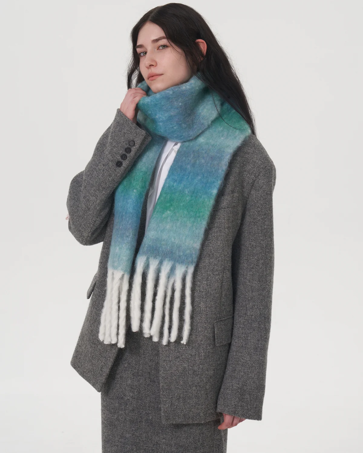 Mohair Gradient Wool Blend Tassel Blanket Scarf - Teal - Image 5