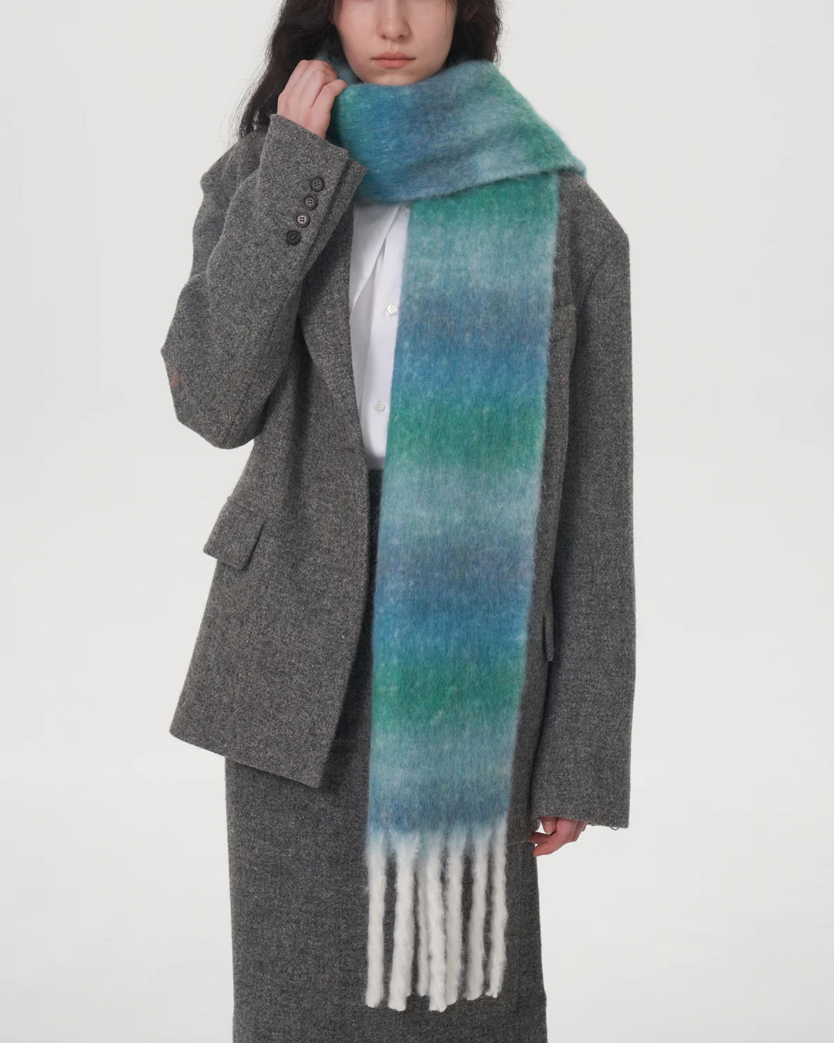 Mohair Gradient Wool Blend Tassel Blanket Scarf - Teal - Image 6